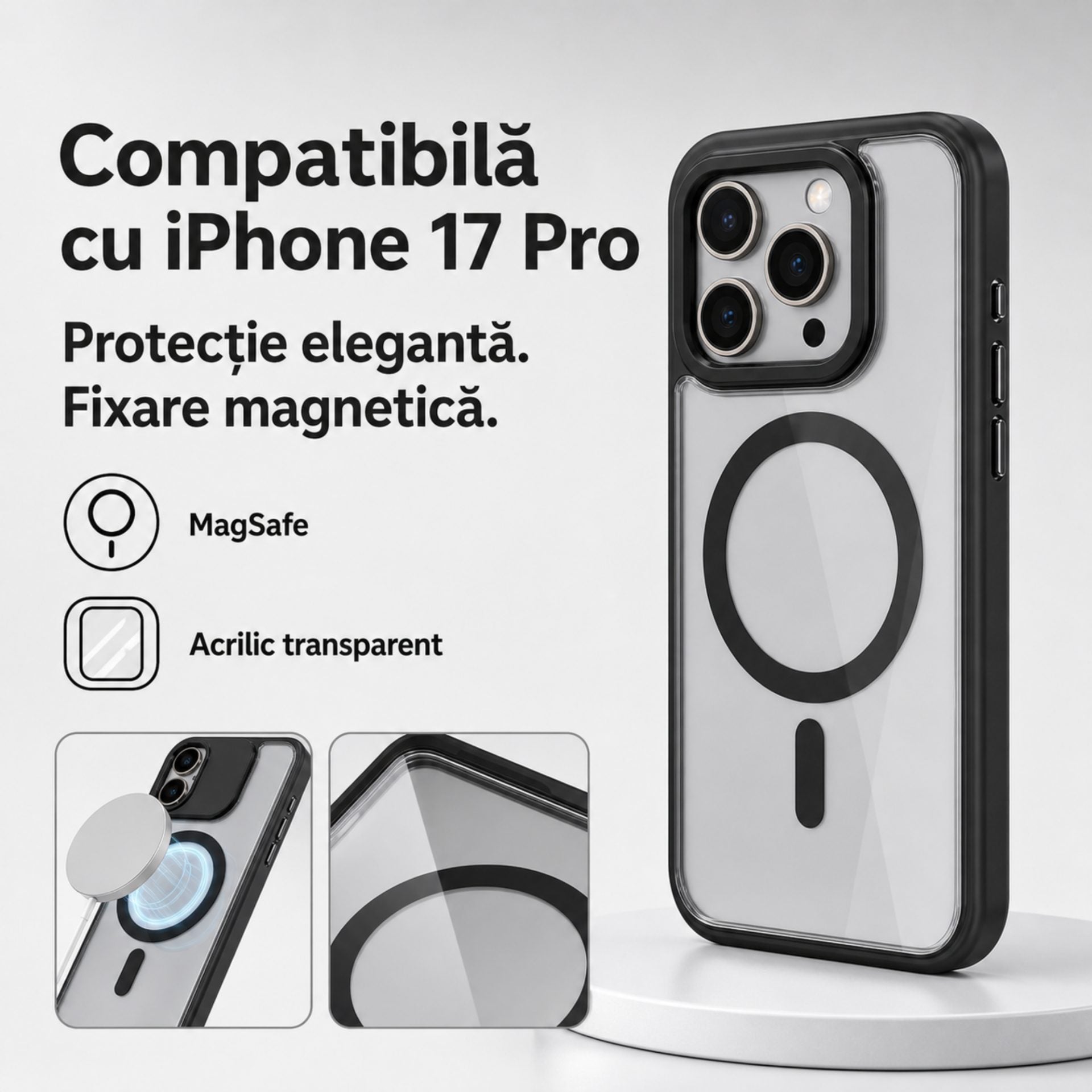 Husa de Protectie Telefon, Compatibila cu iPhone 17 Pro, MagSafe, Acrylic, Suport Metalic Protectie Camera, Anti-Soc, Transparent/Negru