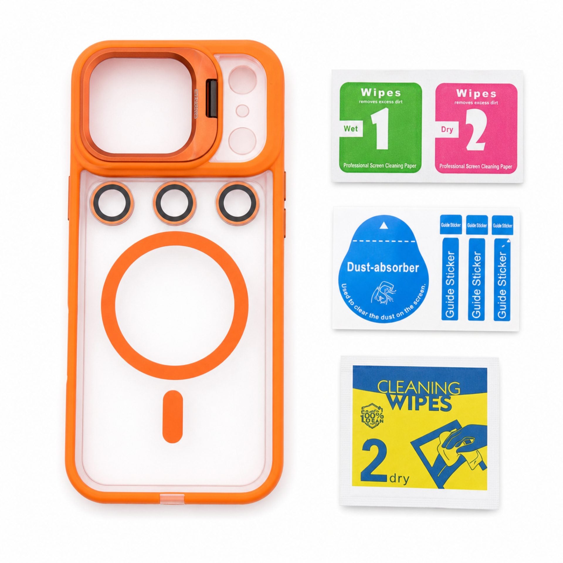 Husa de Protectie Telefon, Compatibila cu iPhone 17 Pro Max, MagSafe, Acrylic, Suport Metalic Protectie Camera, Anti-Soc, Portocaliu
