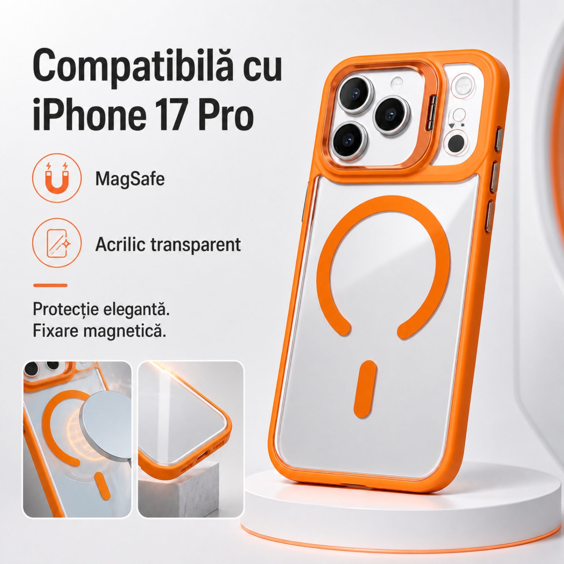 Husa de Protectie Telefon, Compatibila cu iPhone 17 Pro Max, MagSafe, Acrylic, Suport Metalic Protectie Camera, Anti-Soc, Portocaliu