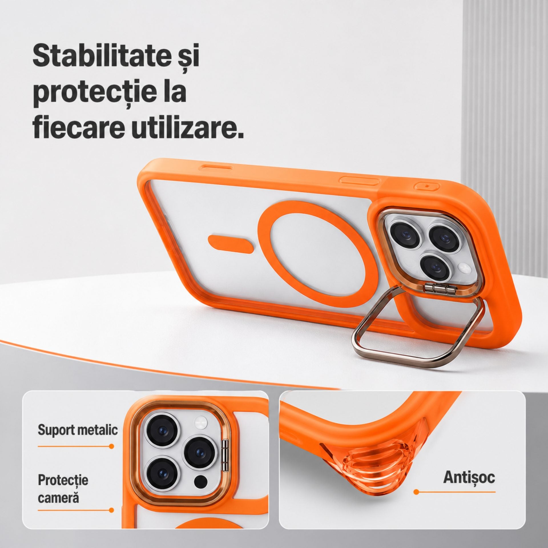 Husa de Protectie Telefon, Compatibila cu iPhone 17 Pro Max, MagSafe, Acrylic, Suport Metalic Protectie Camera, Anti-Soc, Portocaliu