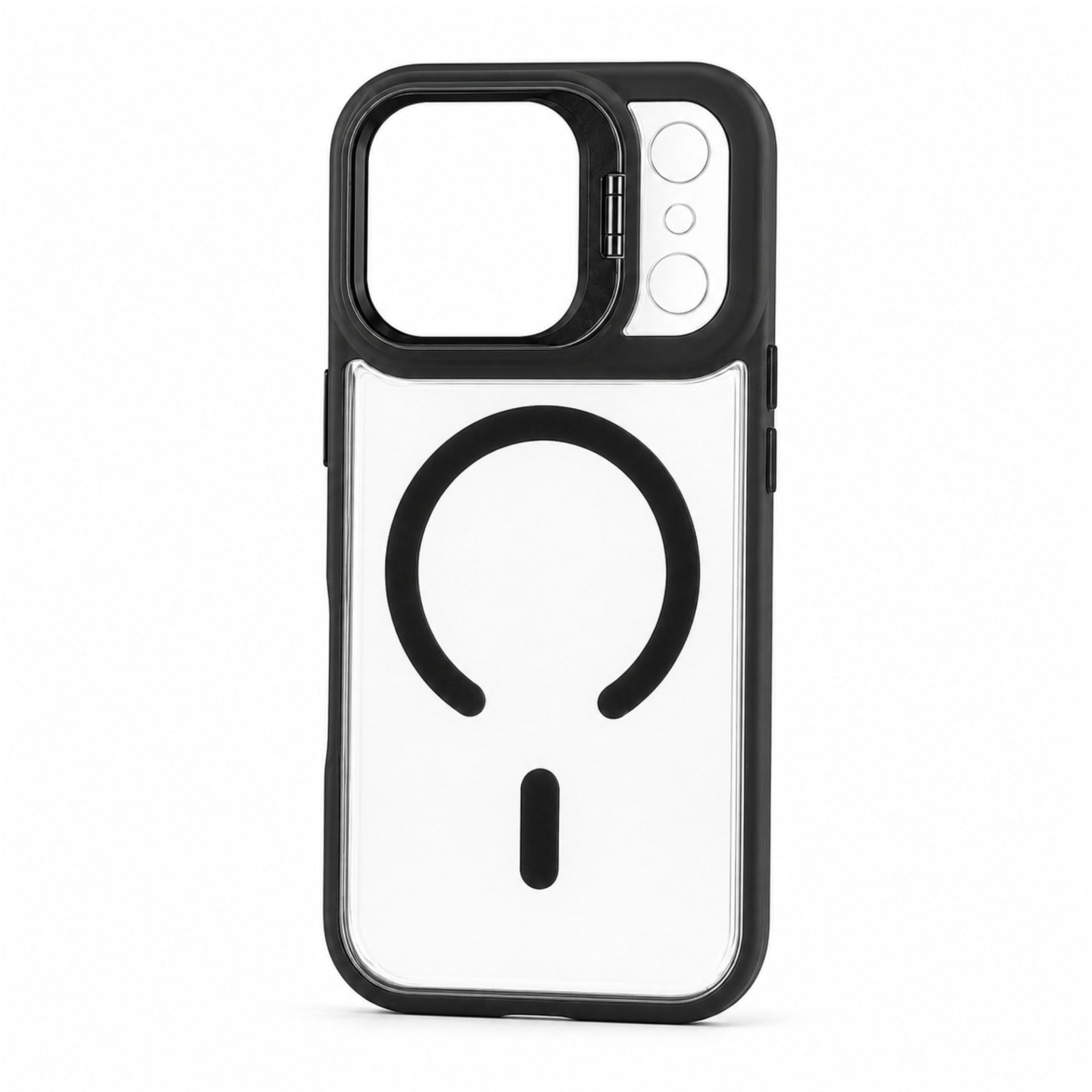 Husa de Protectie Telefon, Compatibila cu iPhone 17 Pro Max, MagSafe, Acrylic, Suport Metalic Protectie Camera, Anti-Soc, Transparent/Negru