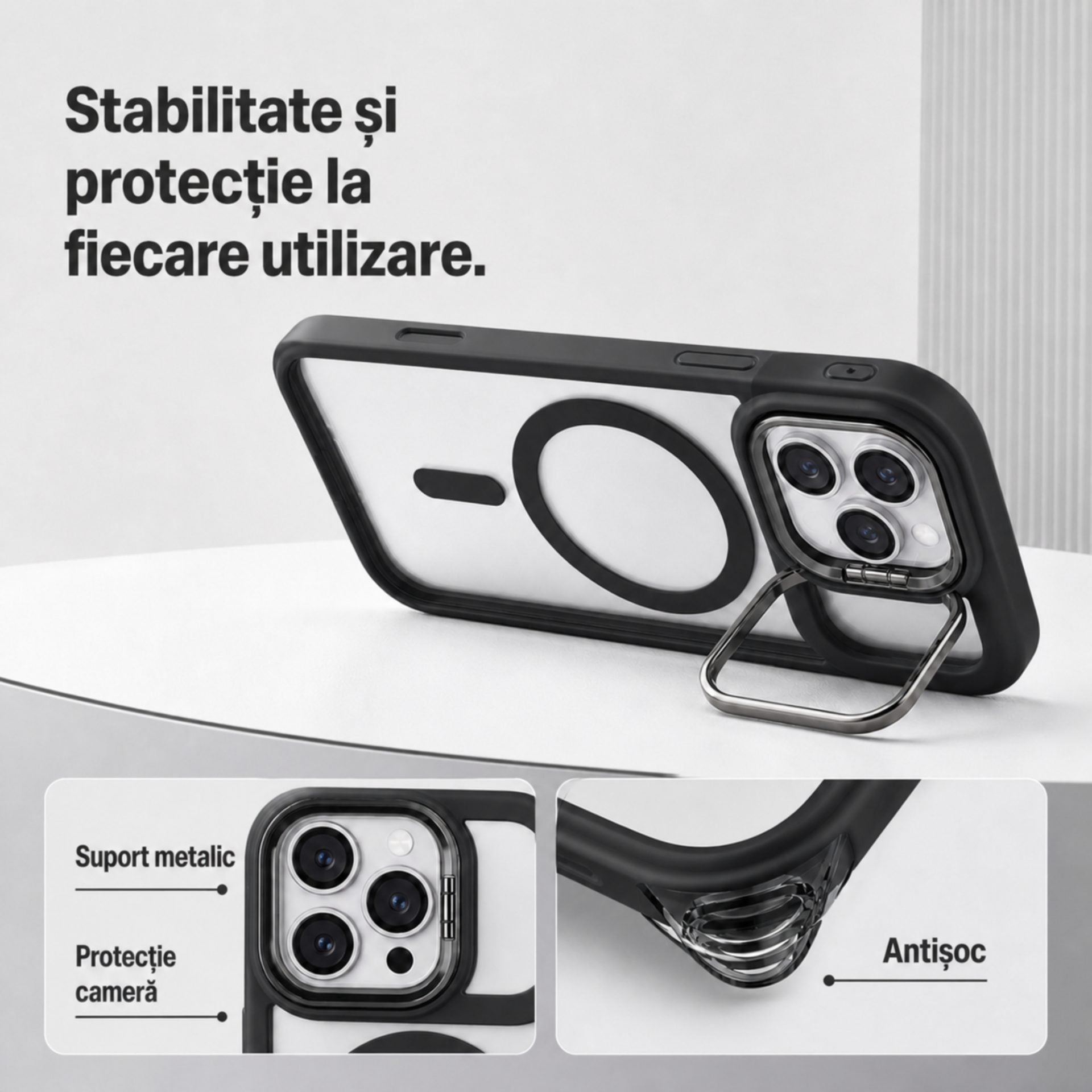 Husa de Protectie Telefon, Compatibila cu iPhone 17 Pro Max, MagSafe, Acrylic, Suport Metalic Protectie Camera, Anti-Soc, Transparent/Negru