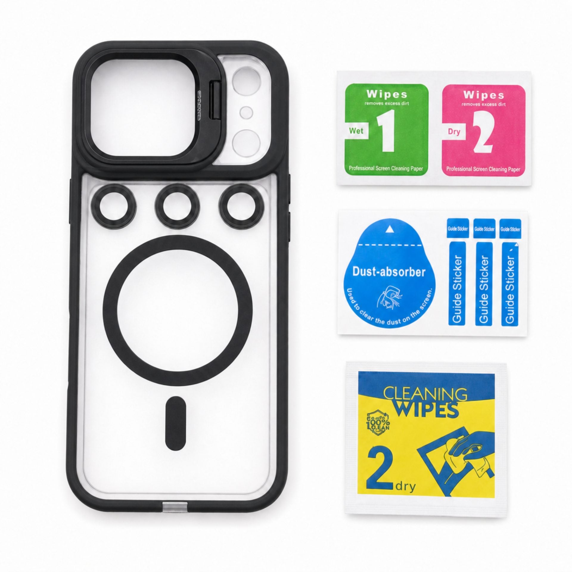 Husa de Protectie Telefon, Compatibila cu iPhone 17 Pro Max, MagSafe, Acrylic, Suport Metalic Protectie Camera, Anti-Soc, Transparent/Negru