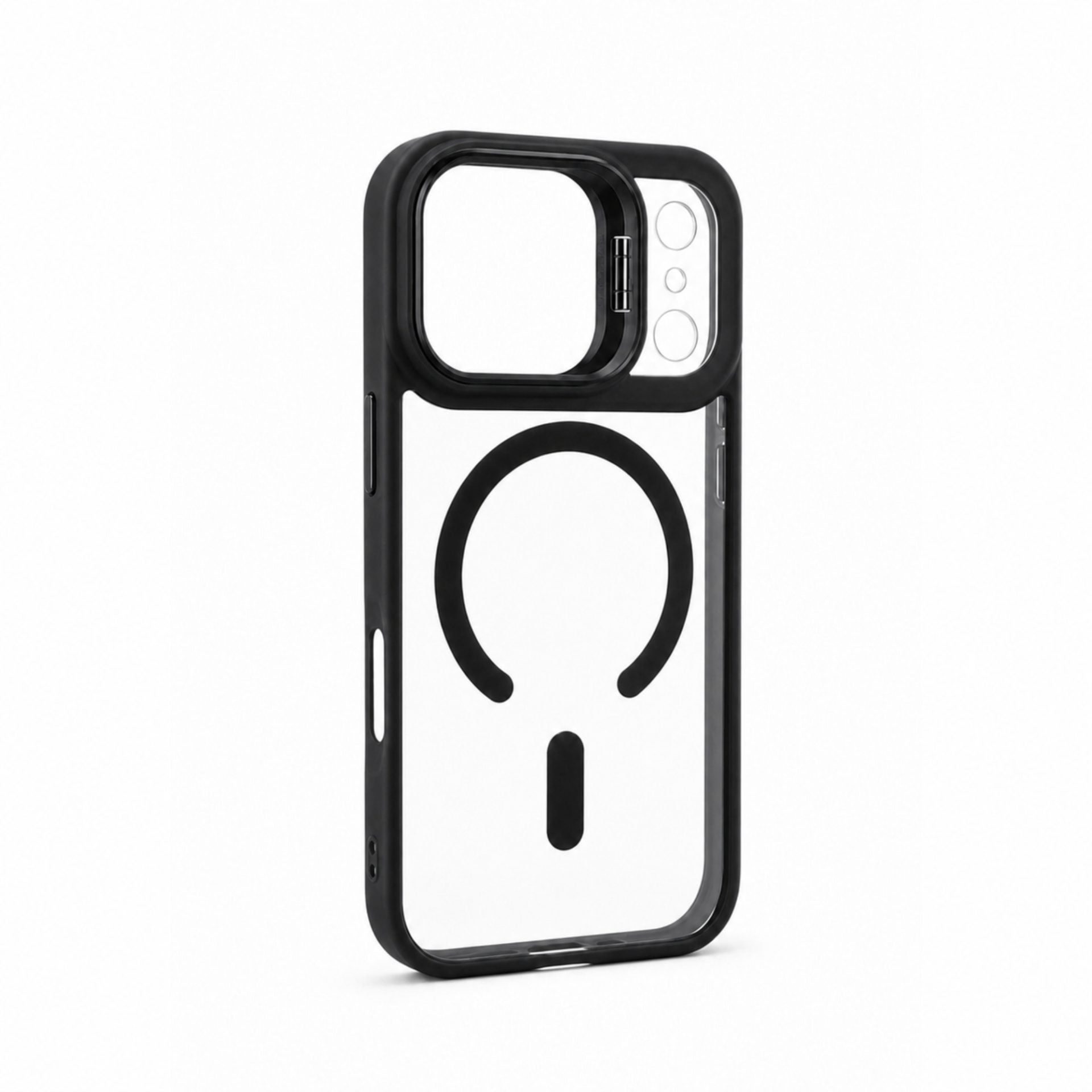 Husa de Protectie Telefon, Compatibila cu iPhone 17 Pro Max, MagSafe, Acrylic, Suport Metalic Protectie Camera, Anti-Soc, Transparent/Negru