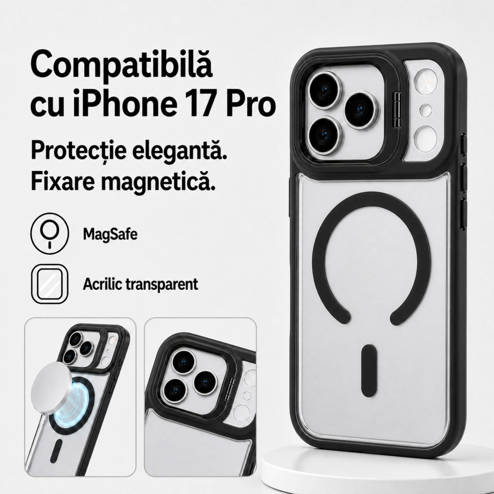 Husa de Protectie Telefon, Compatibila cu iPhone 17 Pro Max, MagSafe, Acrylic, Suport Metalic Protectie Camera, Anti-Soc, Transparent/Negru