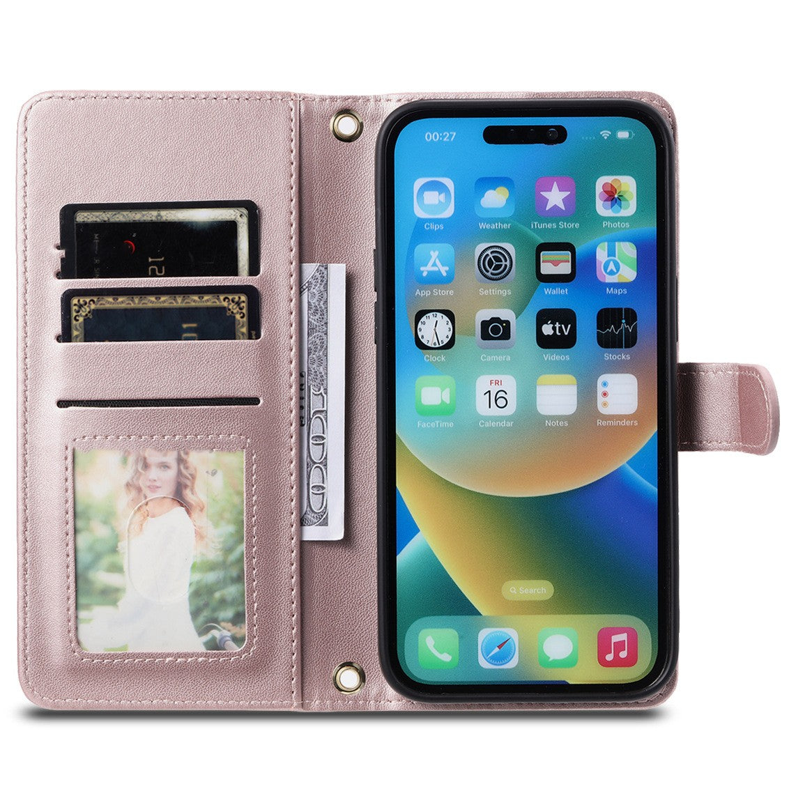 Husa de Protectie Tip Carte, Flippy, pentru Apple iPhone 15, Model cu Suport si Capsa, Antisoc, Rezistenta la Impact, Protectie Camera, Roz