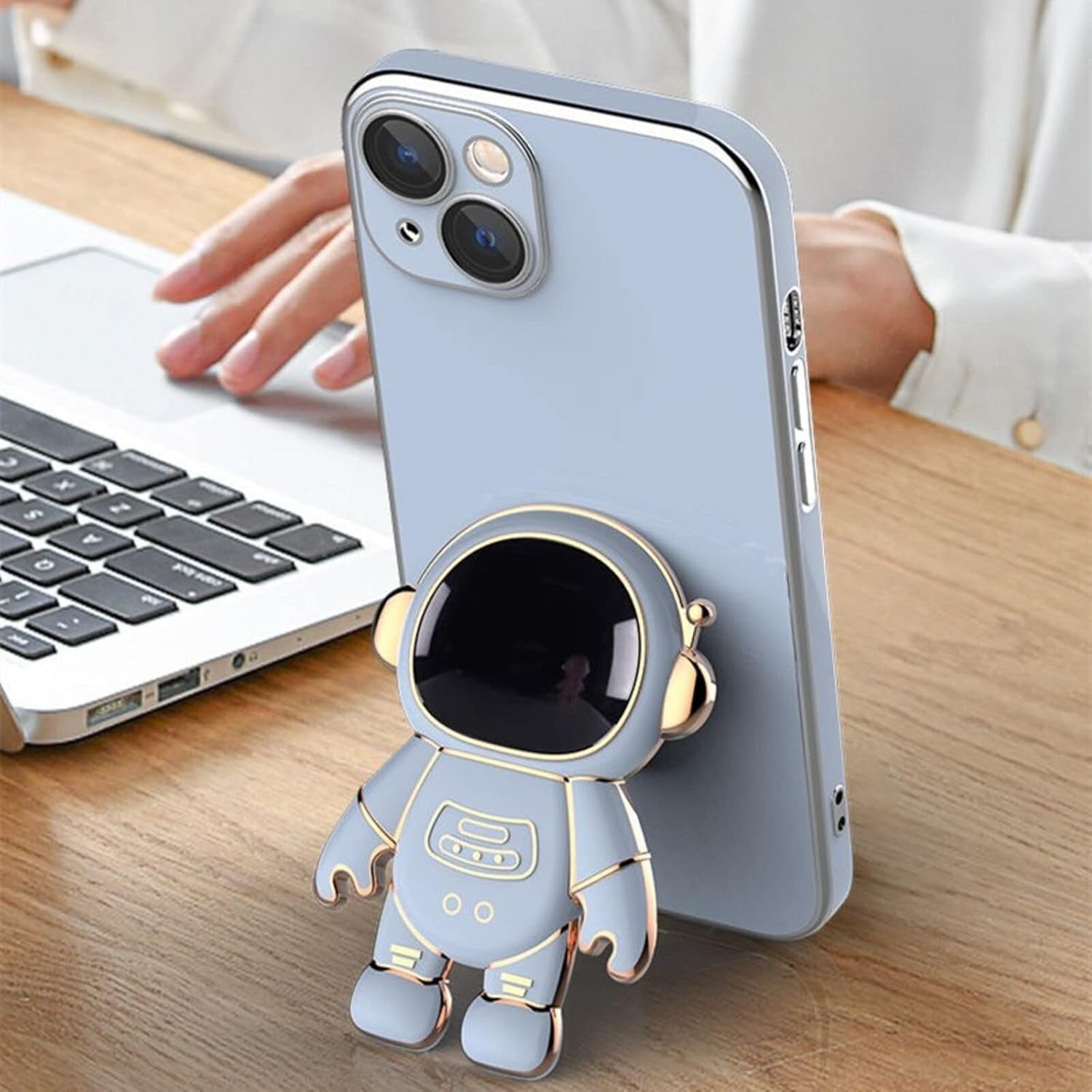 Husa de Protectie TPU 2in1, pentru Apple iPhone 14 Plus, Astronaut cu Suport, Antisoc, Rezistenta la Impact, Protectie Camera, Albastru