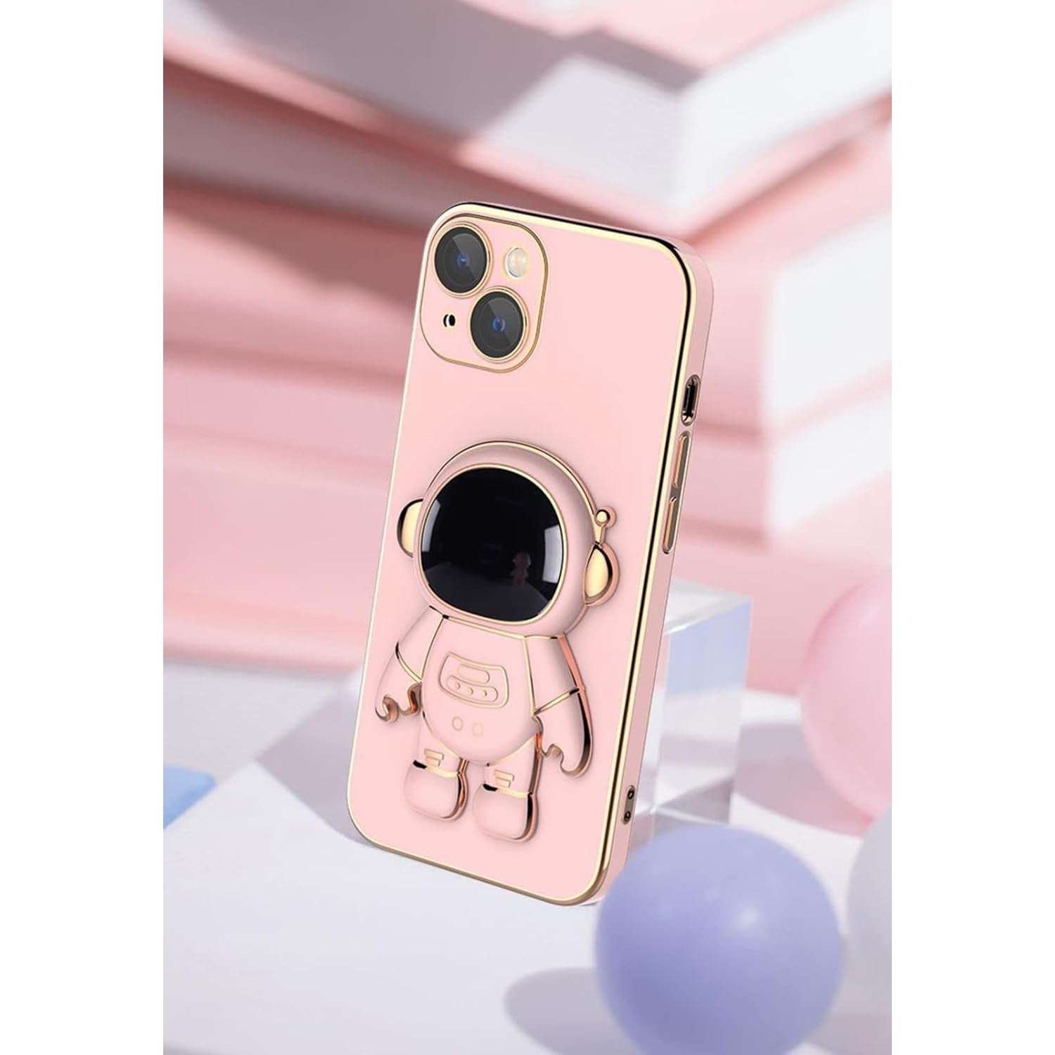 Husa de Protectie TPU 2in1, pentru Apple iPhone 14 Plus, Astronaut cu Suport, Antisoc, Rezistenta la Impact, Protectie Camera, Roz