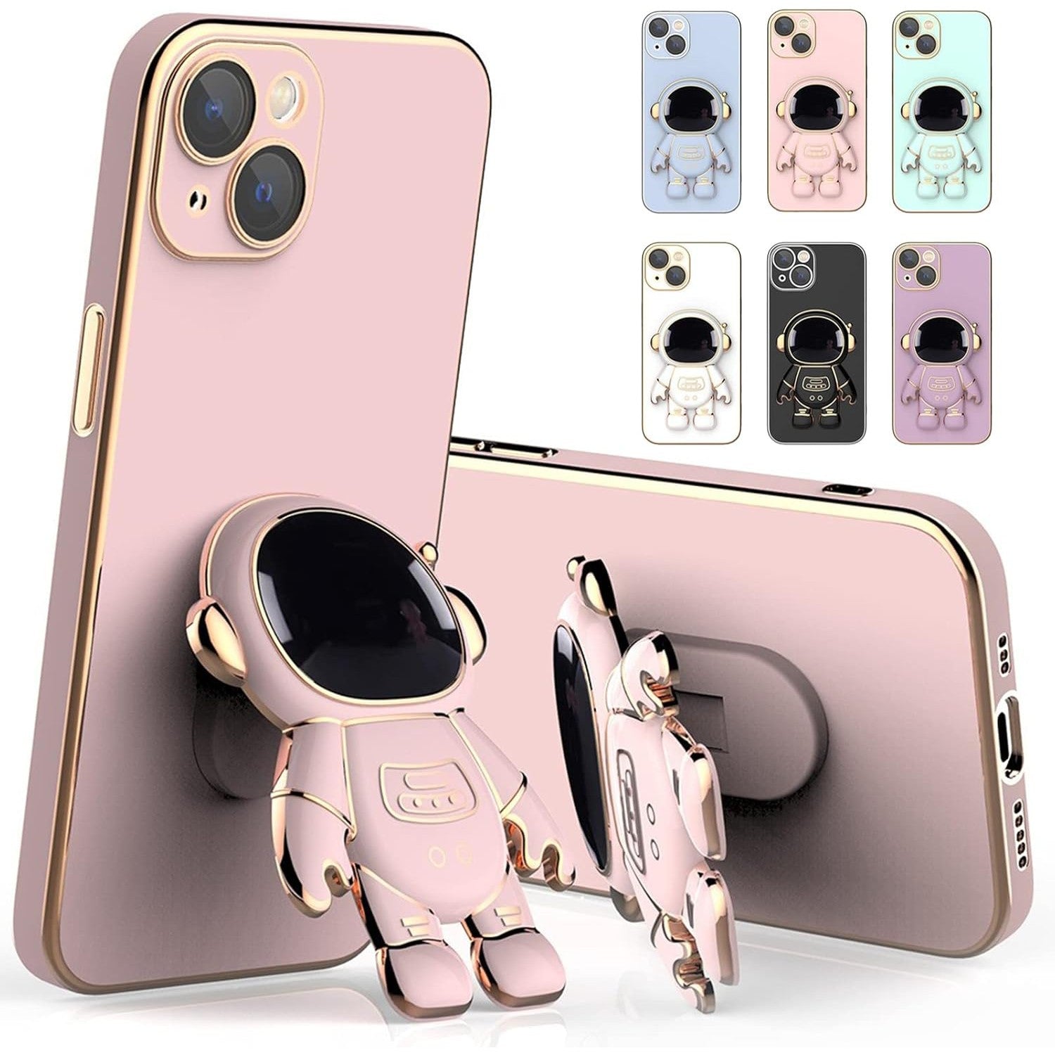 Husa de Protectie TPU 2in1, pentru Apple iPhone 14 Plus, Astronaut cu Suport, Antisoc, Rezistenta la Impact, Protectie Camera, Roz