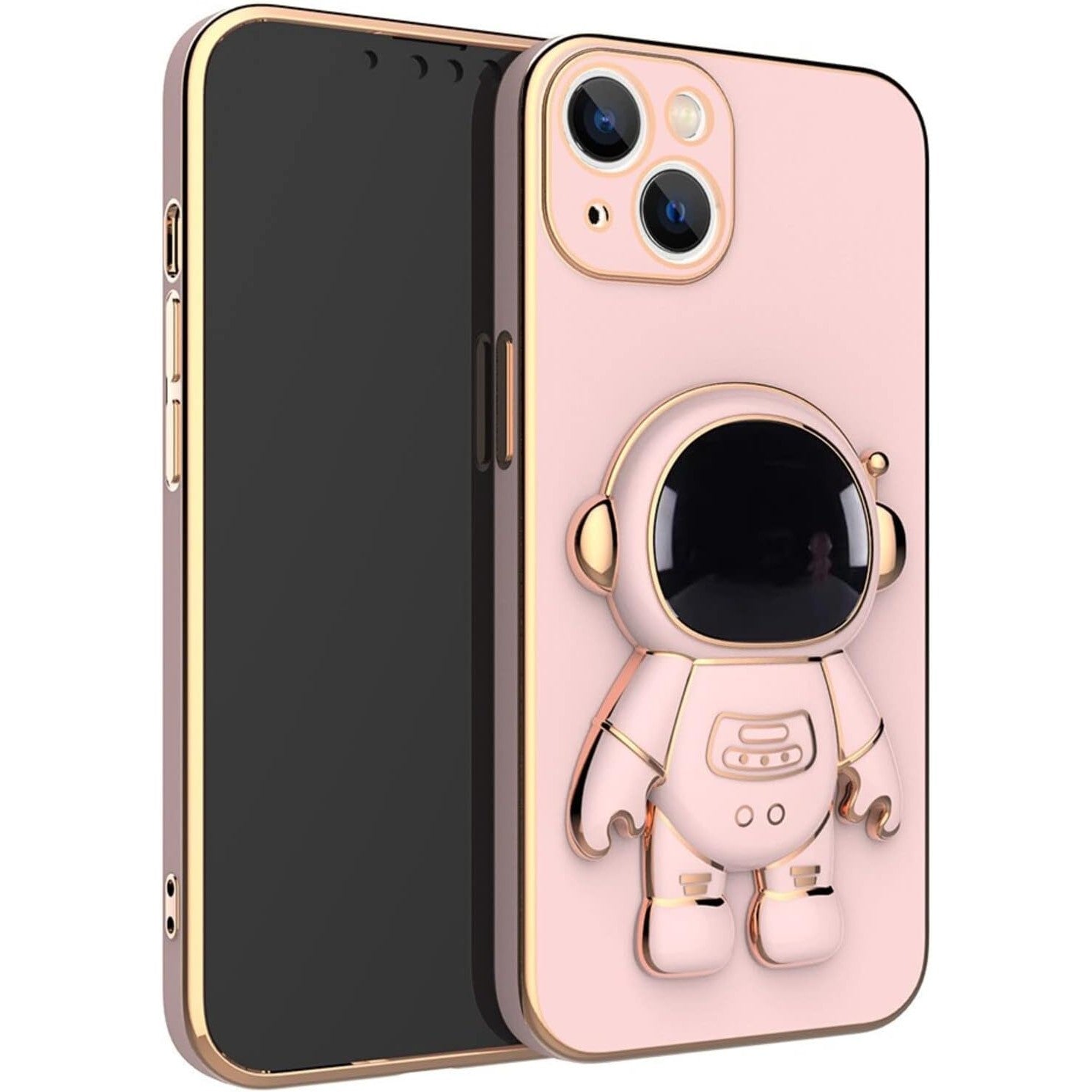Husa de Protectie TPU 2in1, pentru Apple iPhone 14 Plus, Astronaut cu Suport, Antisoc, Rezistenta la Impact, Protectie Camera, Roz
