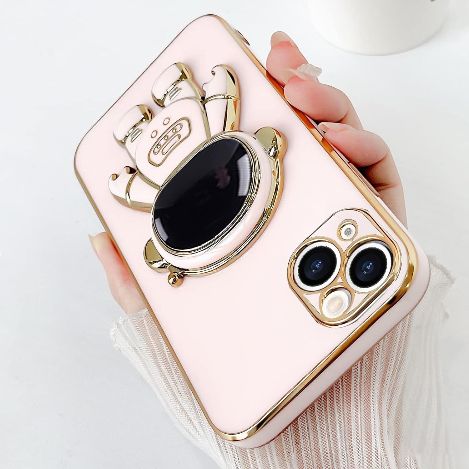 Husa de Protectie TPU 2in1, pentru Apple iPhone 14 Plus, Astronaut cu Suport, Antisoc, Rezistenta la Impact, Protectie Camera, Roz