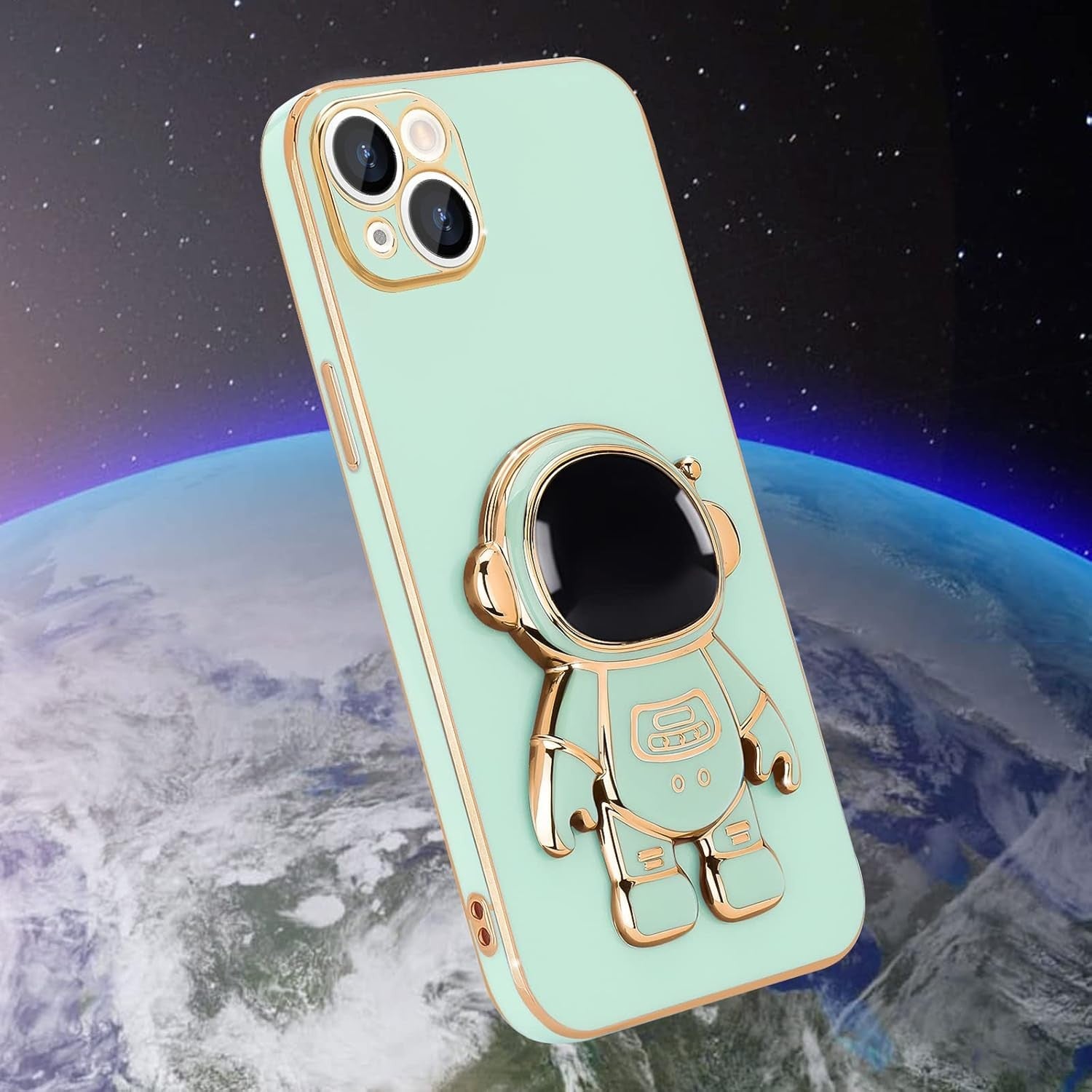 Husa de Protectie TPU 2in1, pentru Apple iPhone 15 Plus, Astronaut cu Suport, Antisoc, Rezistenta la Impact, Protectie Camera, Verde