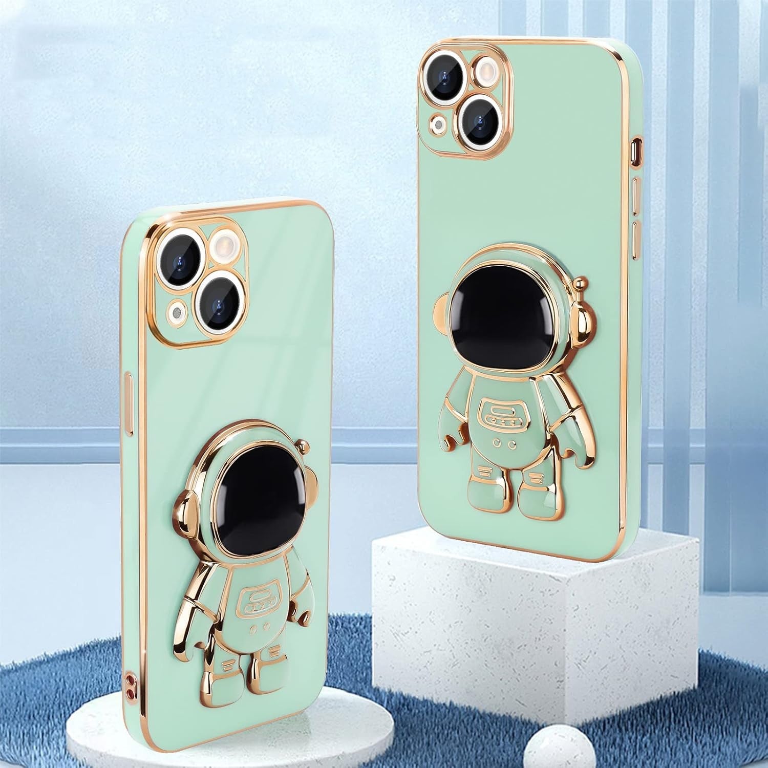 Husa de Protectie TPU 2in1, pentru Apple iPhone 15 Plus, Astronaut cu Suport, Antisoc, Rezistenta la Impact, Protectie Camera, Verde