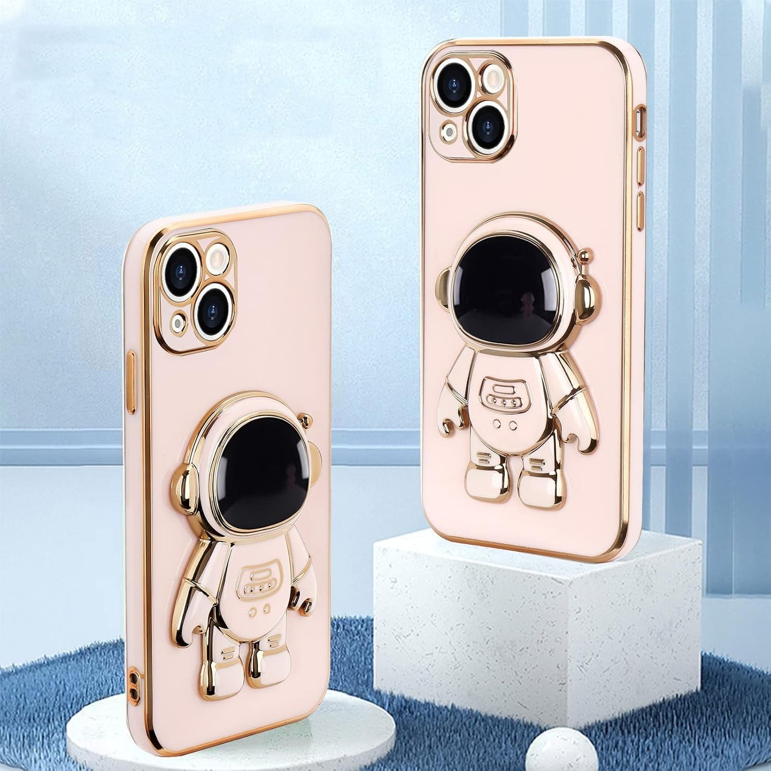 Husa de Protectie TPU 2in1, pentru Apple iPhone 15 Plus, Astronaut cu Suport, Antisoc, Rezistenta la Impact, Protectie Camera, Roz