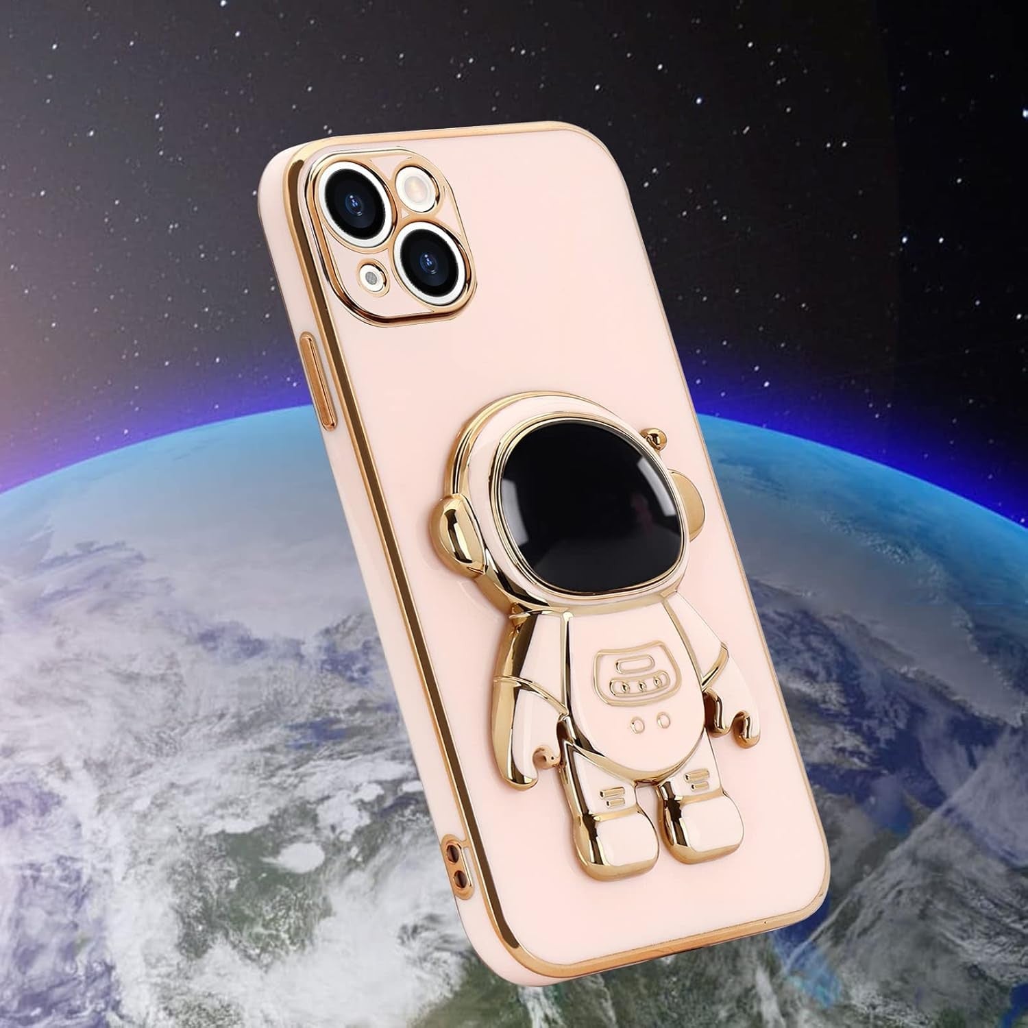 Husa de Protectie TPU 2in1, pentru Apple iPhone 15 Plus, Astronaut cu Suport, Antisoc, Rezistenta la Impact, Protectie Camera, Roz