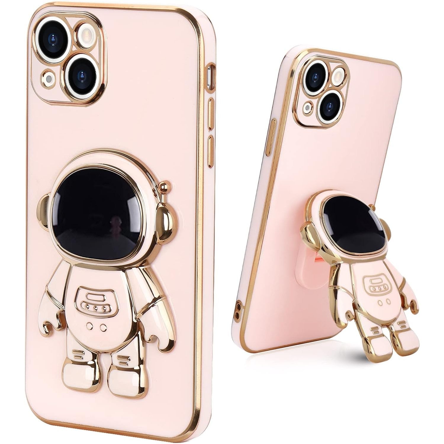 Husa de Protectie TPU 2in1, pentru Apple iPhone 15 Plus, Astronaut cu Suport, Antisoc, Rezistenta la Impact, Protectie Camera, Roz