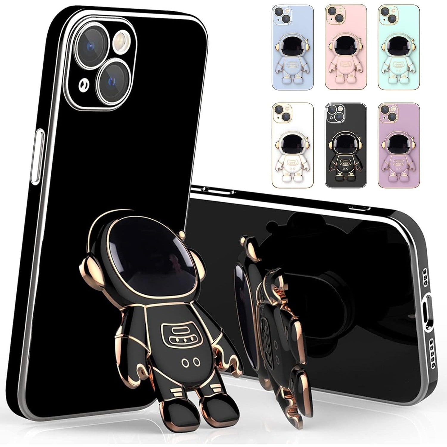 Husa de Protectie TPU 2in1, pentru Apple iPhone 15 Plus, Astronaut cu Suport, Antisoc, Rezistenta la Impact, Protectie Camera, Negru