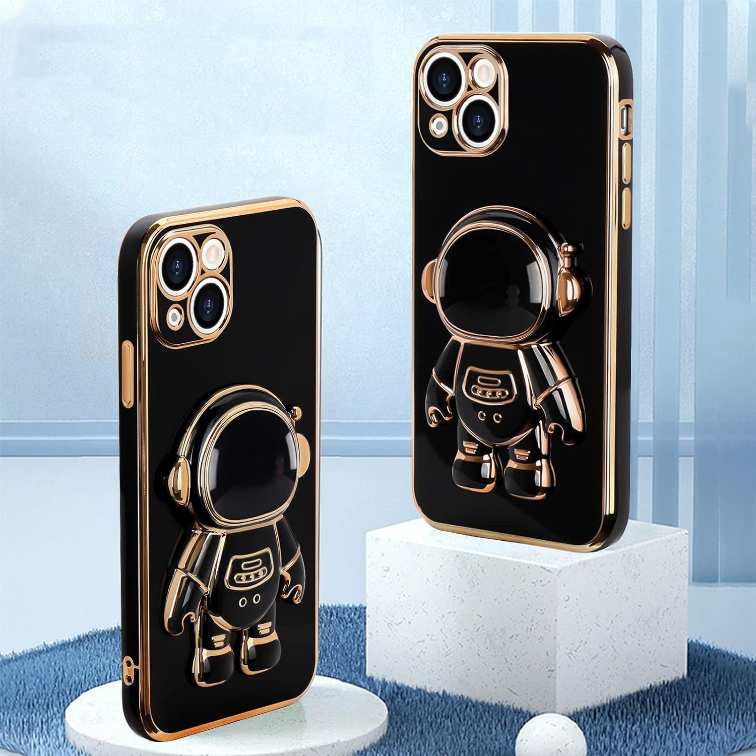 Husa de Protectie TPU 2in1, pentru Apple iPhone 15 Plus, Astronaut cu Suport, Antisoc, Rezistenta la Impact, Protectie Camera, Negru