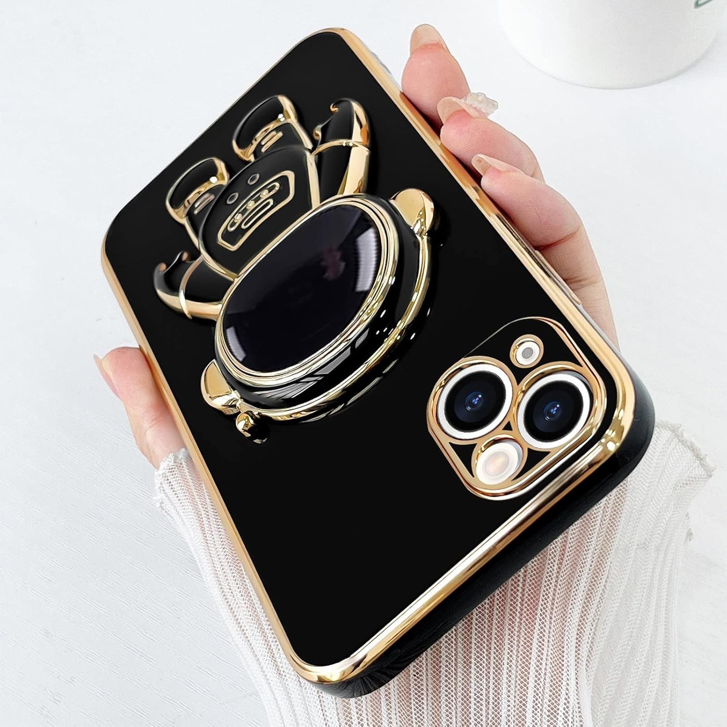 Husa de Protectie TPU 2in1, pentru Apple iPhone 15 Plus, Astronaut cu Suport, Antisoc, Rezistenta la Impact, Protectie Camera, Negru