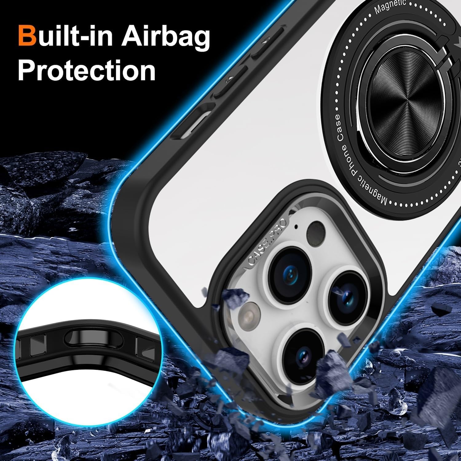 Husa de Protectie TPU, Flippy, pentru iPhone 16 Pro, Anticadere, cu Incarcare Wireless, Tehnologie Magsafe, Inel Magnetic Rotativ cu Functie de Suport, Transparent-Negru