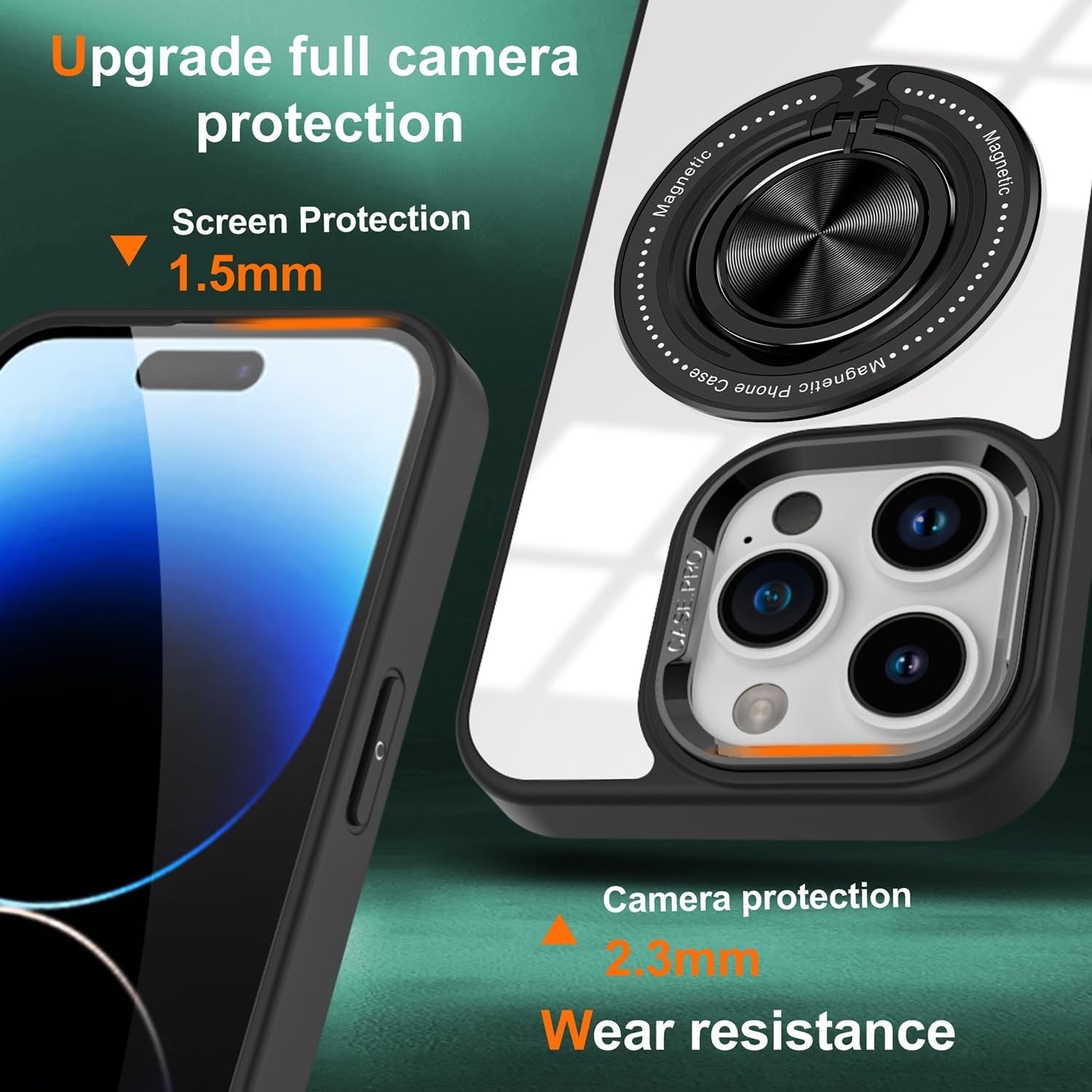 Husa de Protectie TPU, Flippy, pentru iPhone 16 Pro, Anticadere, cu Incarcare Wireless, Tehnologie Magsafe, Inel Magnetic Rotativ cu Functie de Suport, Transparent-Negru