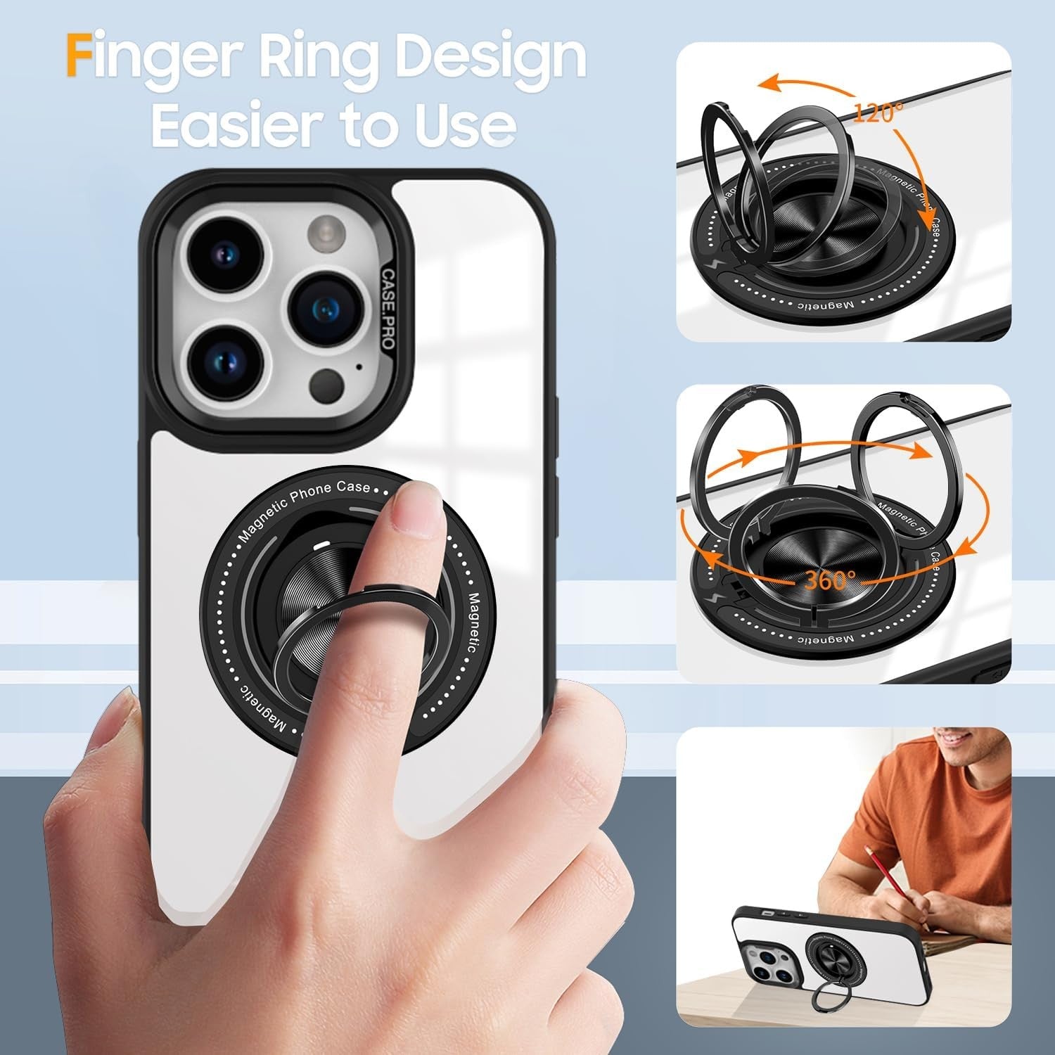 Husa de Protectie TPU, Flippy, pentru iPhone 16 Pro, Anticadere, cu Incarcare Wireless, Tehnologie Magsafe, Inel Magnetic Rotativ cu Functie de Suport, Transparent-Negru