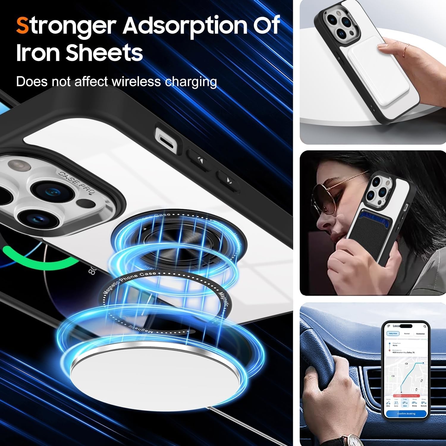 Husa de Protectie TPU, Flippy, pentru iPhone 16 Pro, Anticadere, cu Incarcare Wireless, Tehnologie Magsafe, Inel Magnetic Rotativ cu Functie de Suport, Transparent-Negru