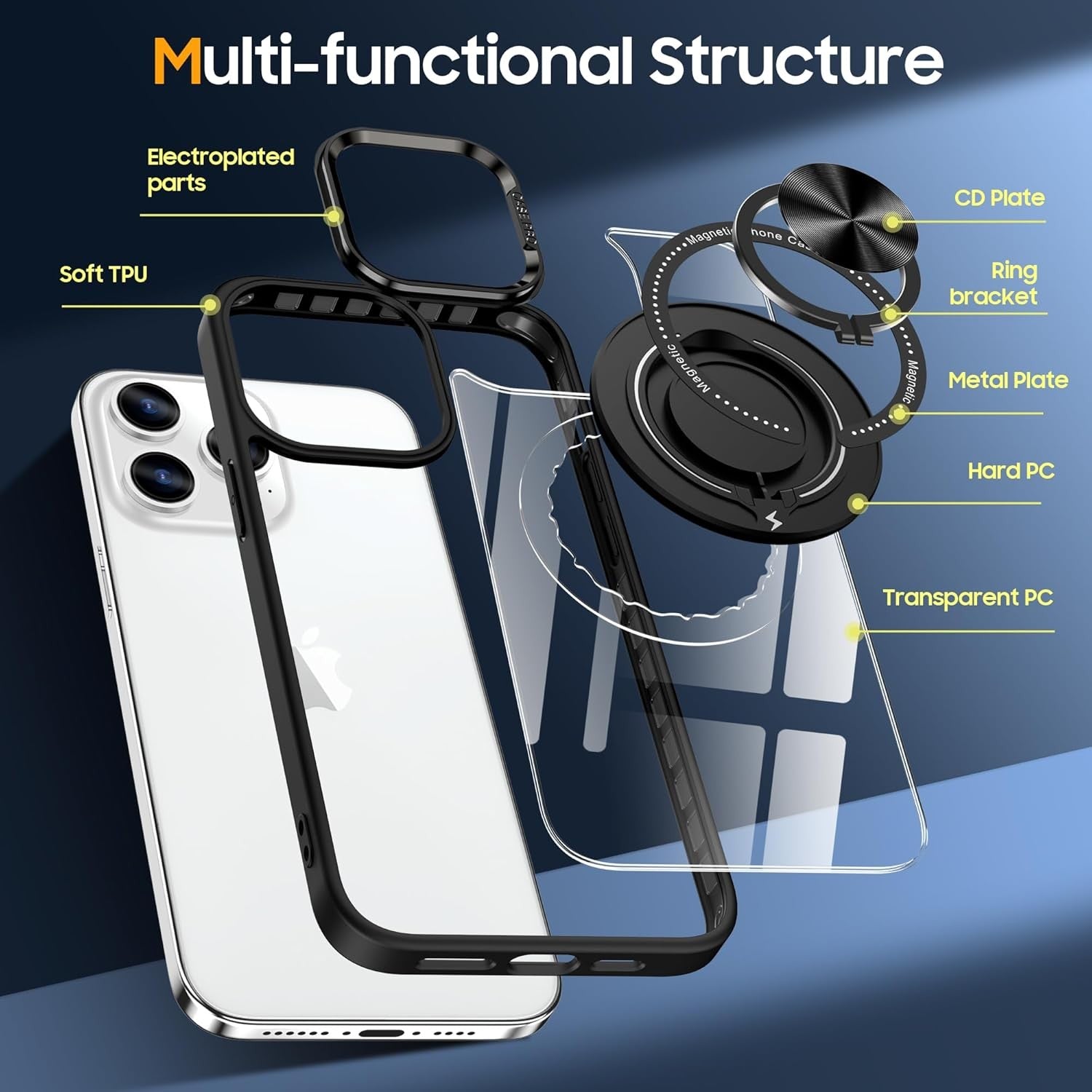 Husa de Protectie TPU, Flippy, pentru iPhone 16 Pro, Anticadere, cu Incarcare Wireless, Tehnologie Magsafe, Inel Magnetic Rotativ cu Functie de Suport, Transparent-Negru