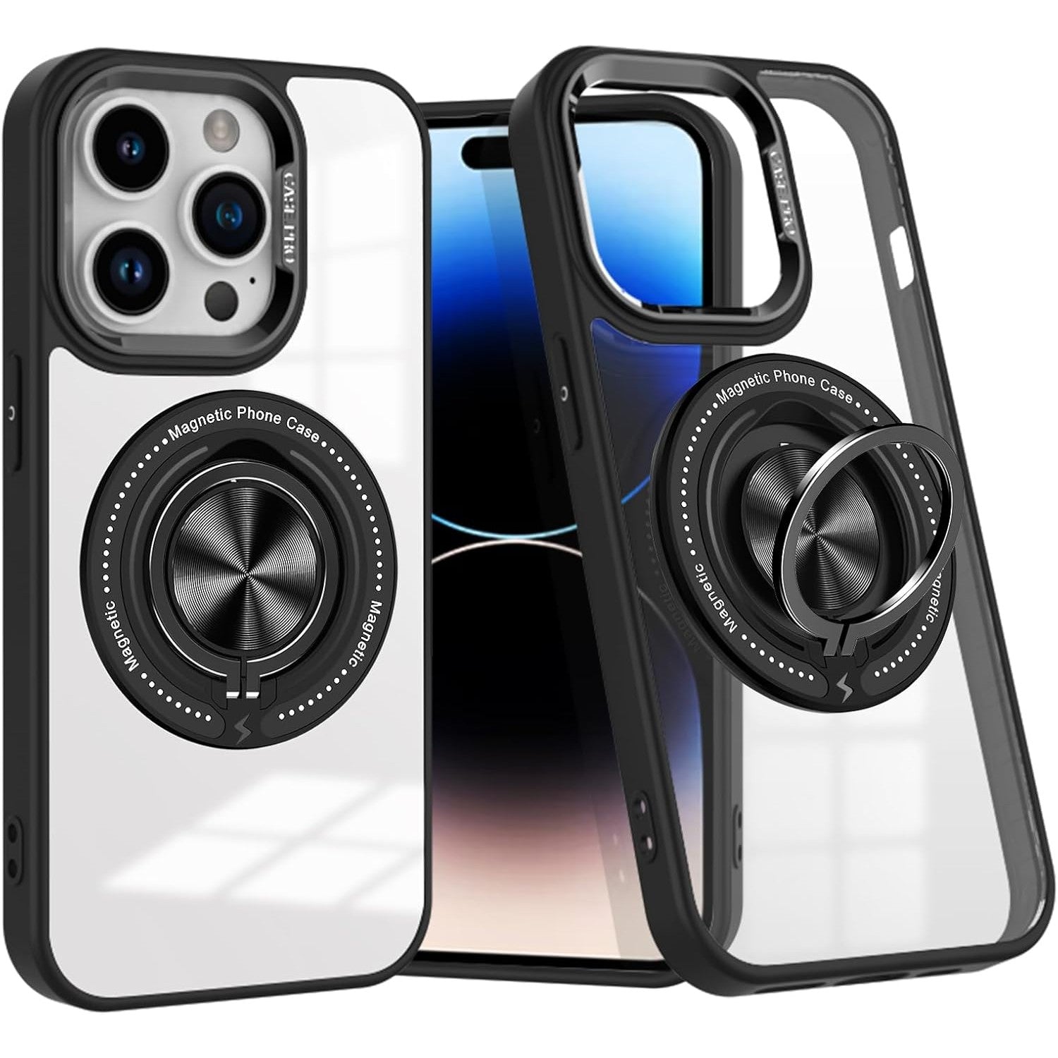 Husa de Protectie TPU, Flippy, pentru iPhone 16 Pro, Anticadere, cu Incarcare Wireless, Tehnologie Magsafe, Inel Magnetic Rotativ cu Functie de Suport, Transparent-Negru
