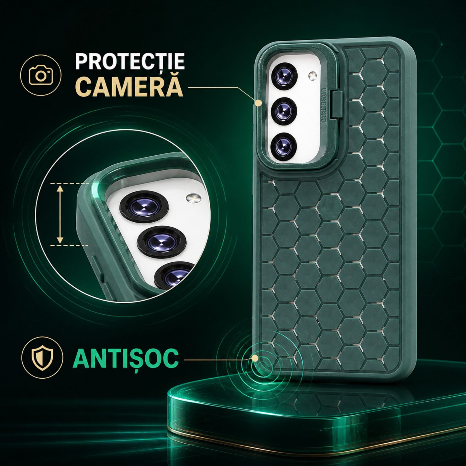Husa de Protectie TPU, pentru Samsung Galaxy S23, 3D Cube, cu Inel, Protectie Camera, Antisoc, Antizgariere, Antialunecare, Acoperire Completa, Verde