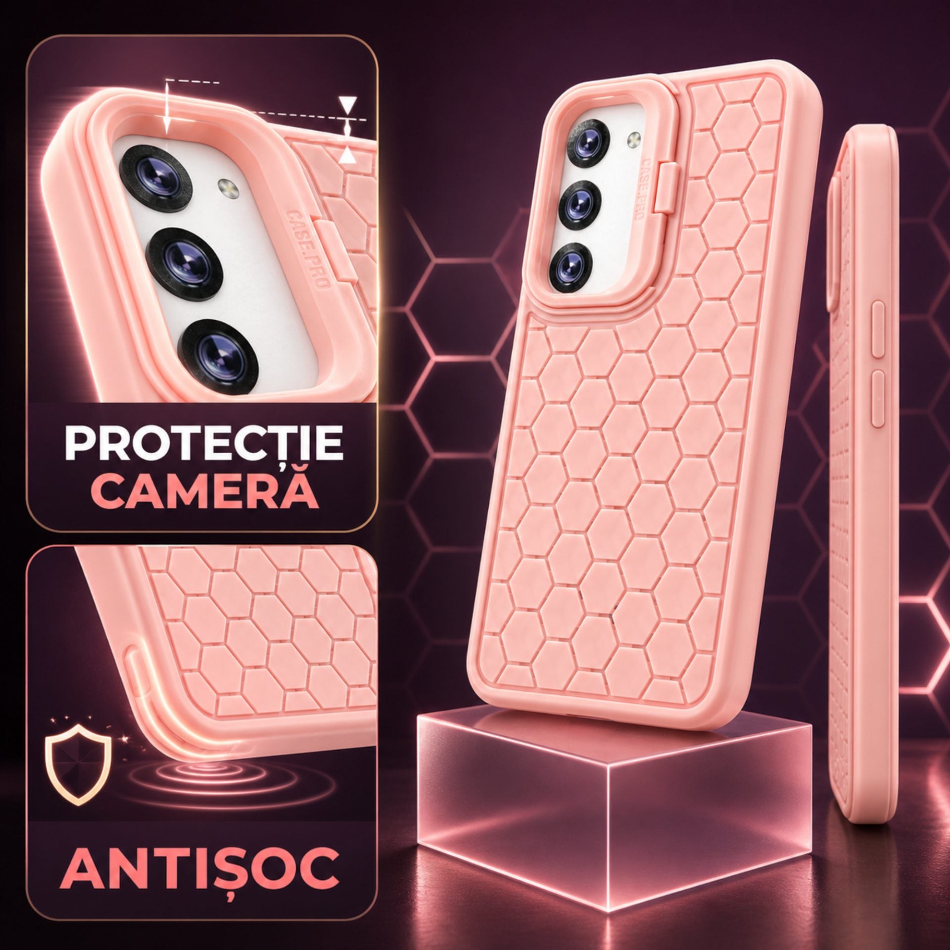 Husa de Protectie TPU, pentru Samsung Galaxy S23, 3D Cube, cu Inel, Protectie Camera, Antisoc, Antizgariere, Antialunecare, Acoperire Completa, Roz