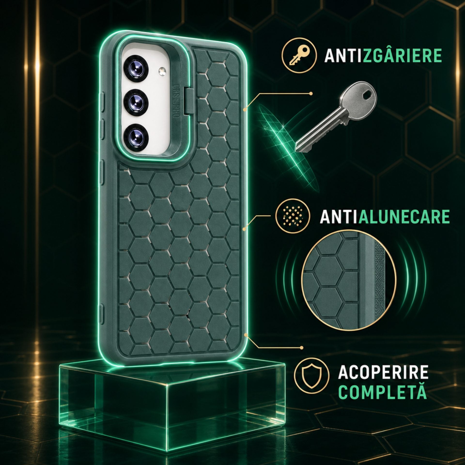 Husa de Protectie TPU, pentru Samsung Galaxy S23, 3D Cube, cu Inel, Protectie Camera, Antisoc, Antizgariere, Antialunecare, Acoperire Completa, Verde