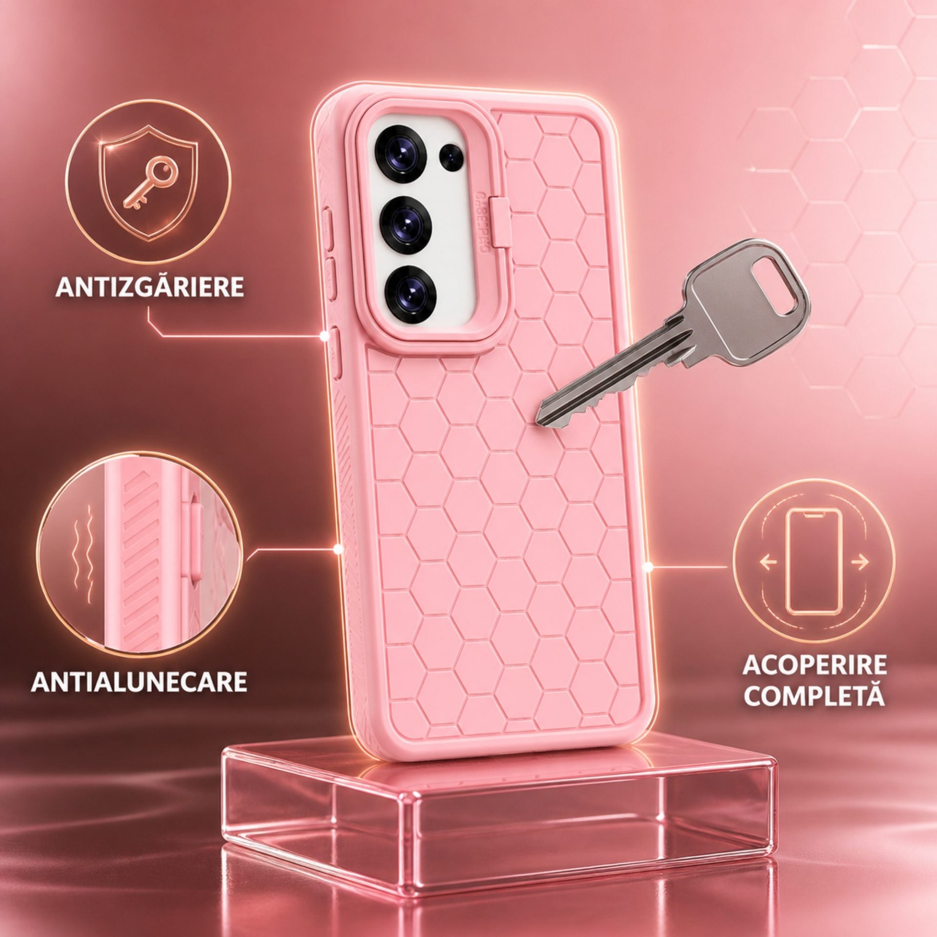 Husa de Protectie TPU, pentru Samsung Galaxy S23 Plus, 3D Cube, cu Inel, Protectie Camera, Antisoc, Antizgariere, Antialunecare, Acoperire Completa, Roz