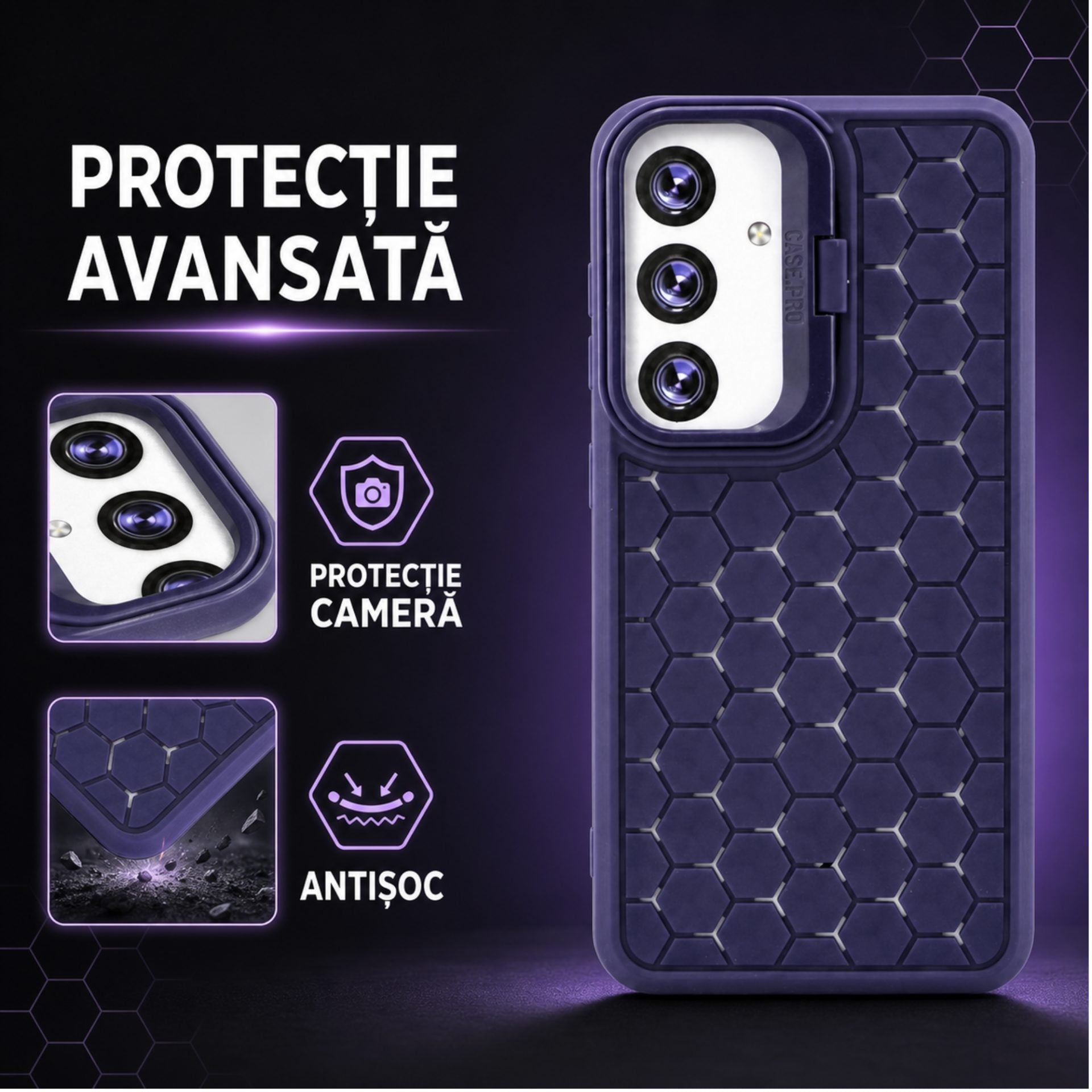 Husa de Protectie TPU, pentru Samsung Galaxy S24, 3D Cube, cu Inel, Protectie Camera, Antisoc, Antizgariere, Antialunecare, Acoperire Completa, Mov