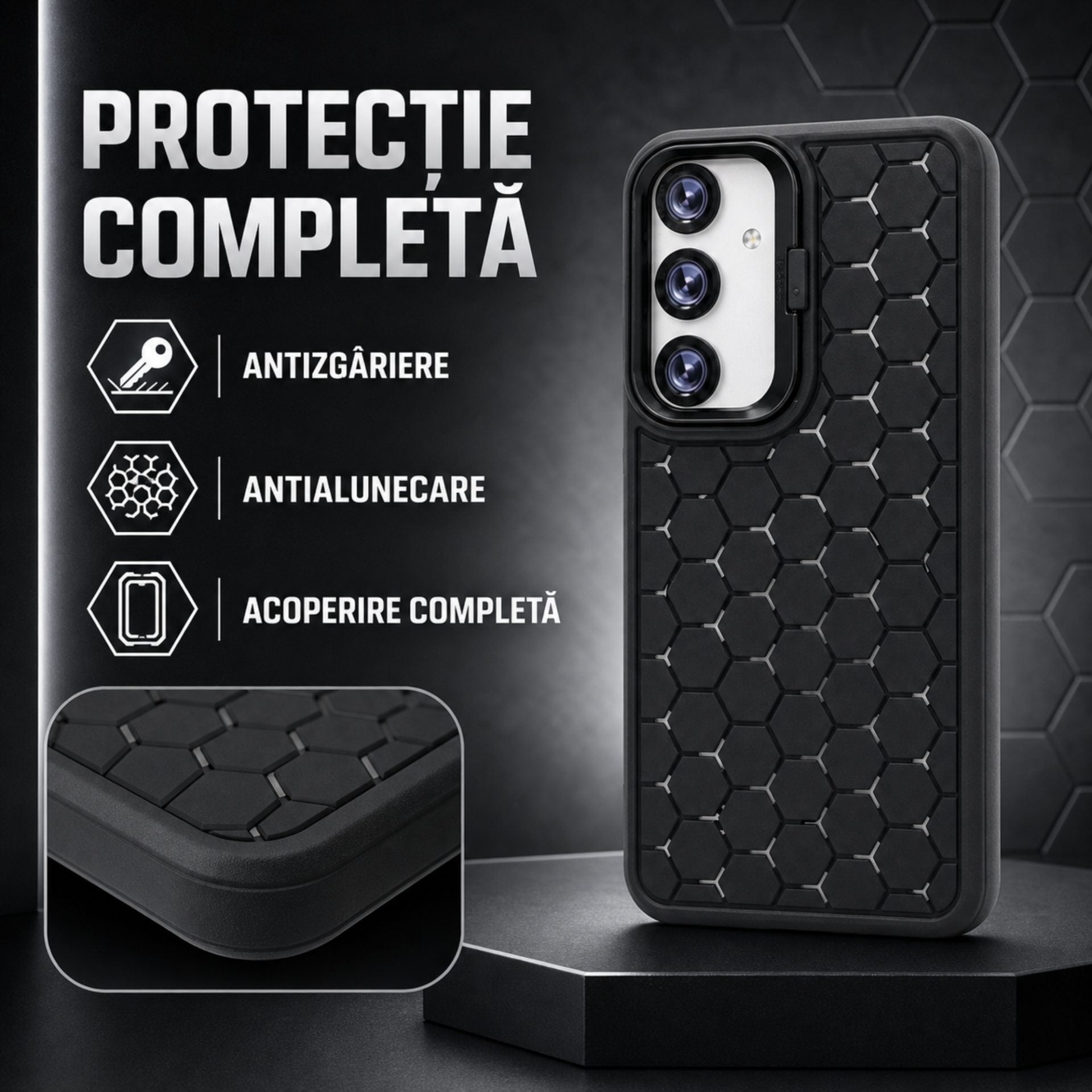 Husa de Protectie TPU, pentru Samsung Galaxy S24, 3D Cube, cu Inel, Protectie Camera, Antisoc, Antizgariere, Antialunecare, Acoperire Completa, Negru