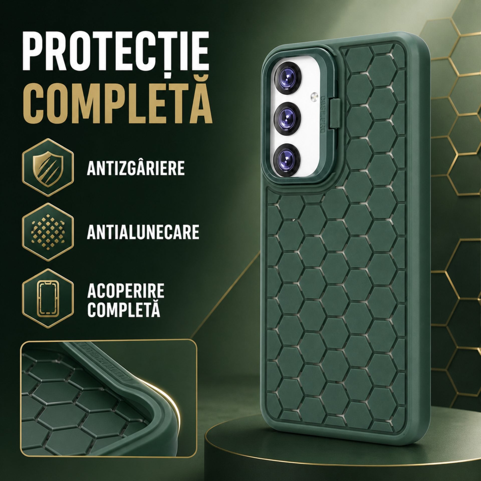Husa de Protectie TPU, pentru Samsung Galaxy S24, 3D Cube, cu Inel, Protectie Camera, Antisoc, Antizgariere, Antialunecare, Acoperire Completa, Verde