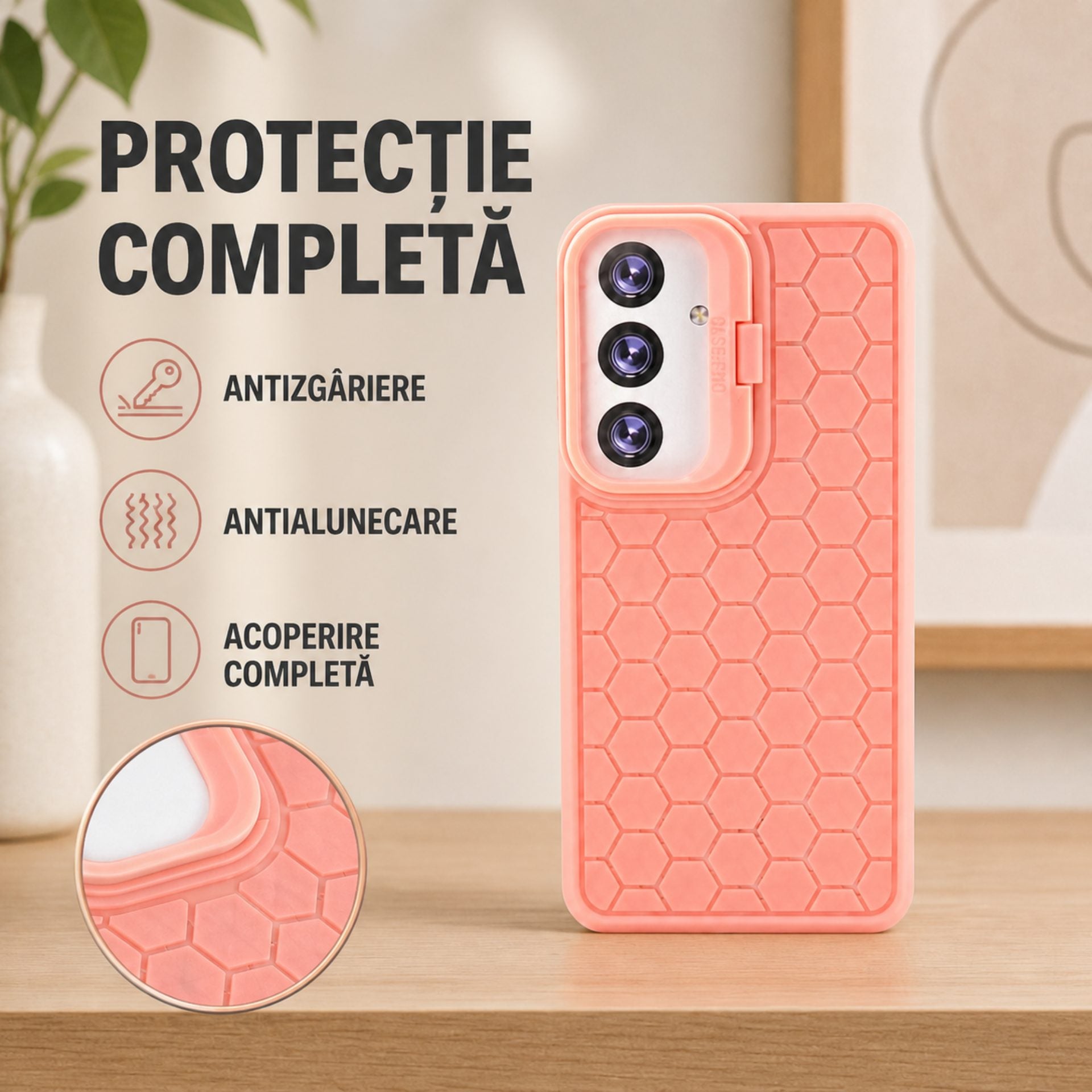 Husa de Protectie TPU, pentru Samsung Galaxy S24, 3D Cube, cu Inel, Protectie Camera, Antisoc, Antizgariere, Antialunecare, Acoperire Completa, Roz