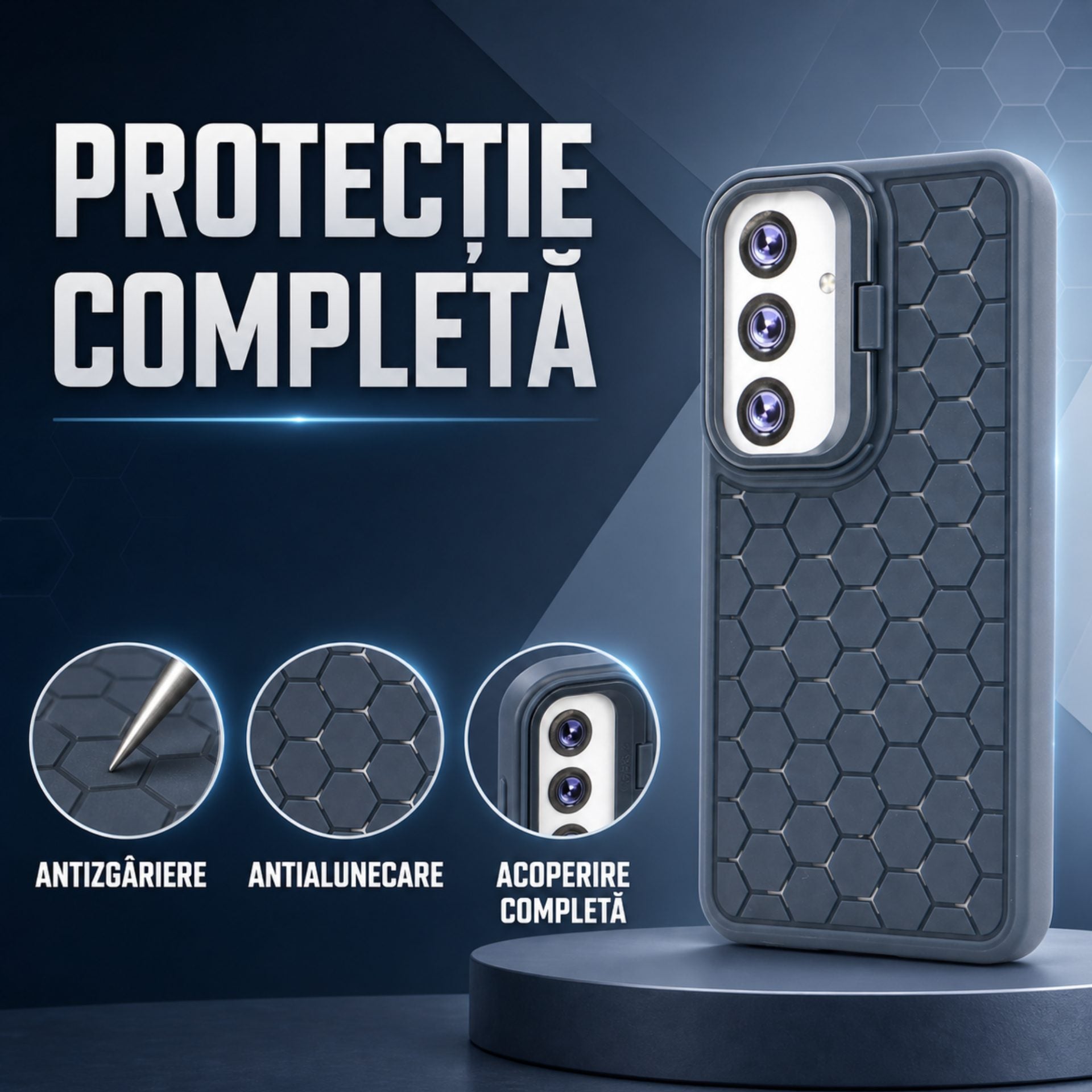 Husa de Protectie TPU, pentru Samsung Galaxy S24, 3D Cube, cu Inel, Protectie Camera, Antisoc, Antizgariere, Antialunecare, Acoperire Completa, Albastru