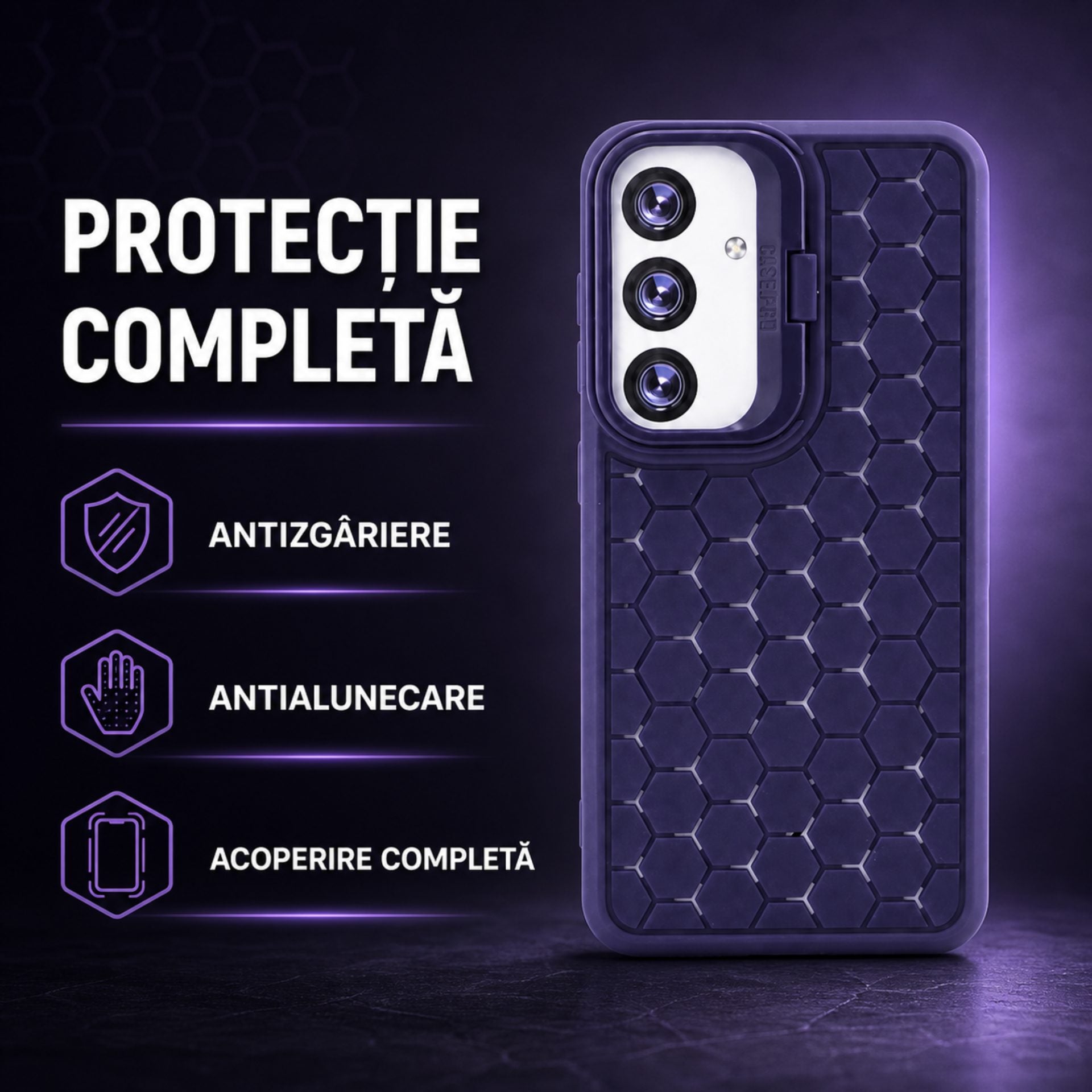 Husa de Protectie TPU, pentru Samsung Galaxy S24, 3D Cube, cu Inel, Protectie Camera, Antisoc, Antizgariere, Antialunecare, Acoperire Completa, Mov