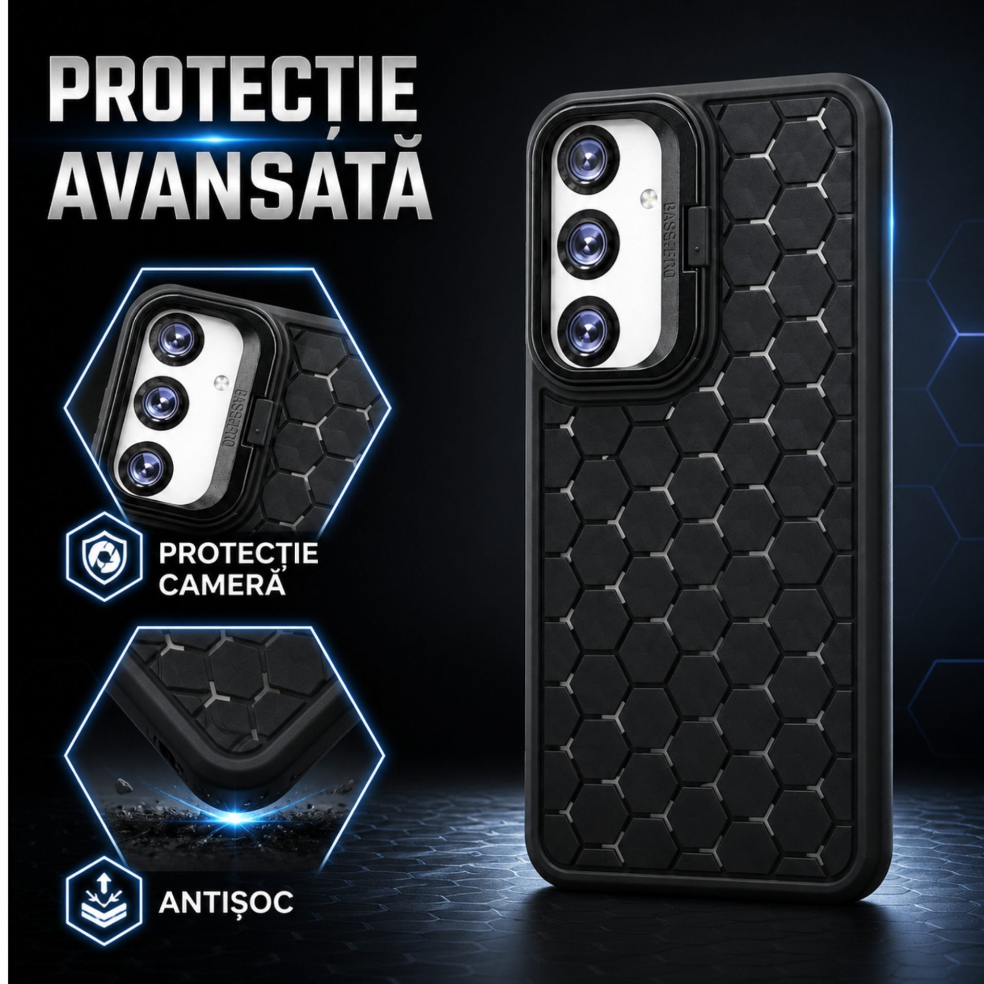 Husa de Protectie TPU, pentru Samsung Galaxy S24, 3D Cube, cu Inel, Protectie Camera, Antisoc, Antizgariere, Antialunecare, Acoperire Completa, Negru