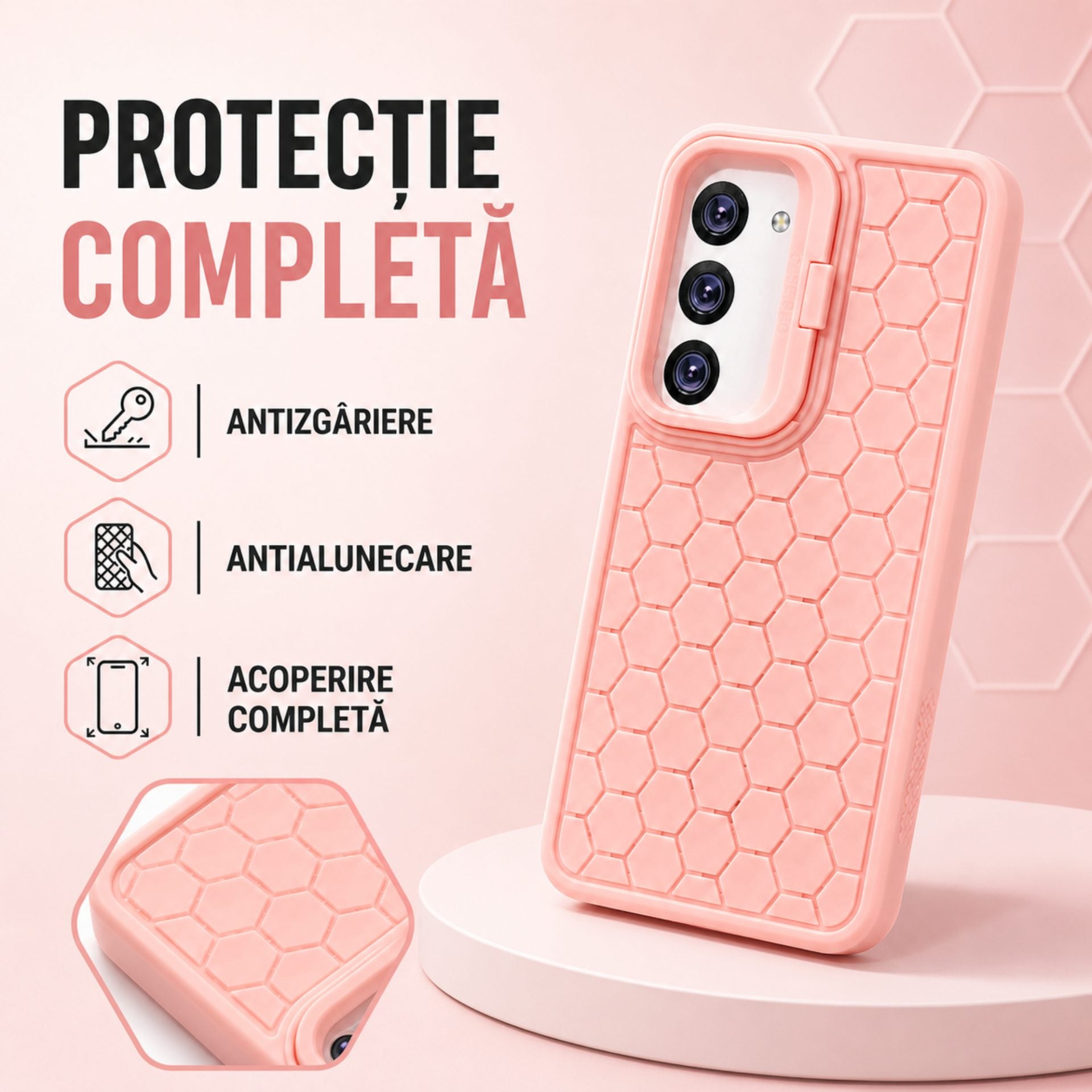 Husa de Protectie TPU, pentru Samsung Galaxy S24 Plus, 3D Cube, cu Inel, Protectie Camera, Antisoc, Antizgariere, Antialunecare, Acoperire Completa, Roz