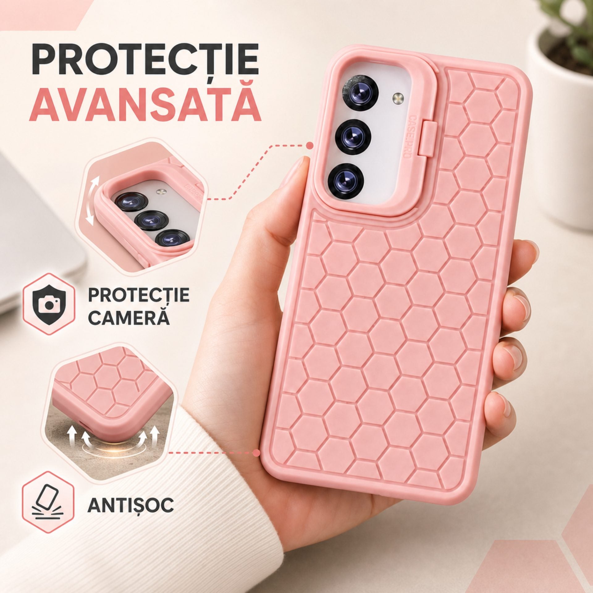 Husa de Protectie TPU, pentru Samsung Galaxy S24 Plus, 3D Cube, cu Inel, Protectie Camera, Antisoc, Antizgariere, Antialunecare, Acoperire Completa, Roz