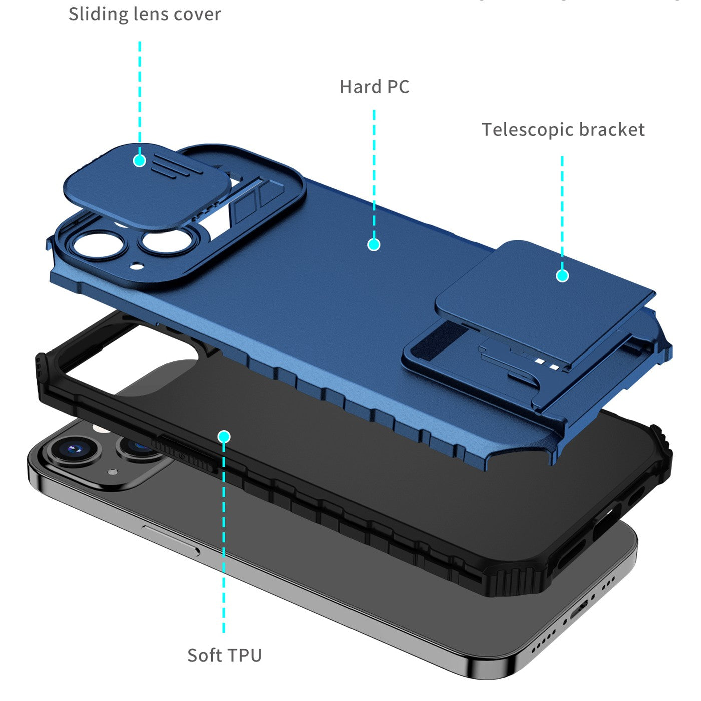 Husa Defender cu Stand pentru iPhone 13, Albastru, Suport reglabil, Antisoc, Protectie glisanta pentru camera