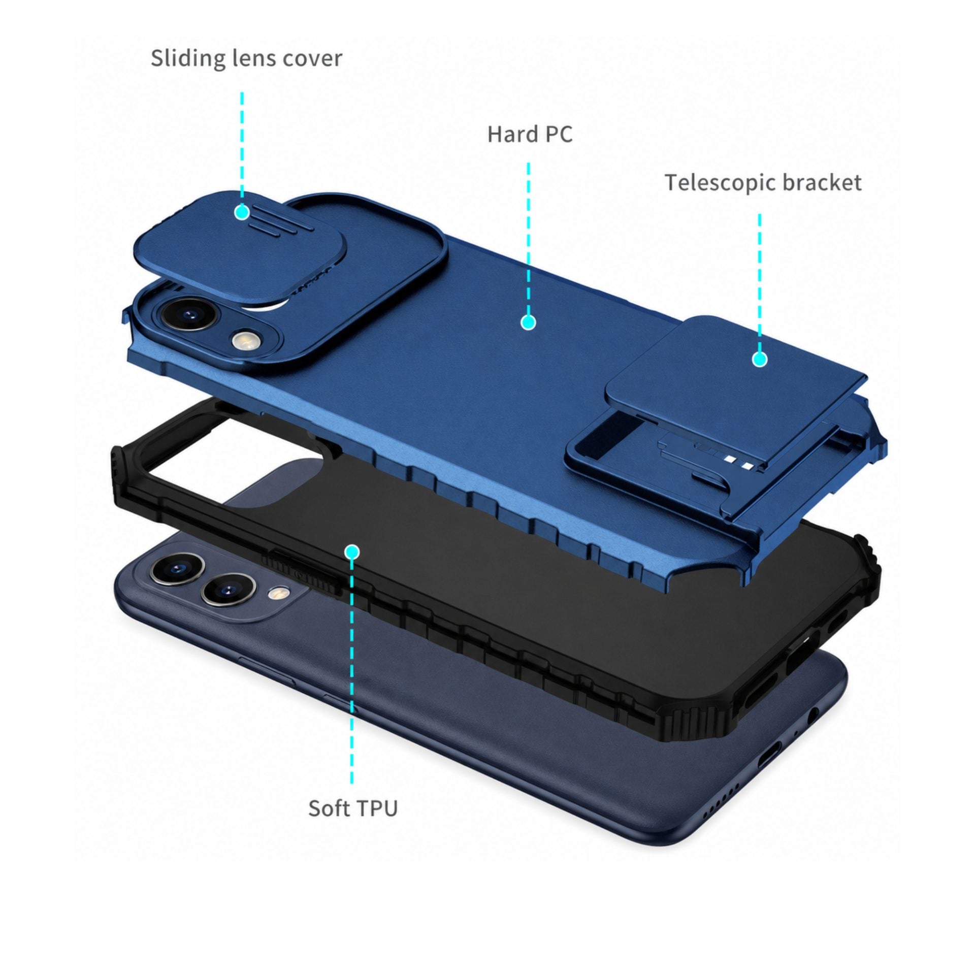 Husa Defender cu Stand pentru Samsung Galaxy A03, Albastru, Suport reglabil, Antisoc, Protectie glisanta pentru camera