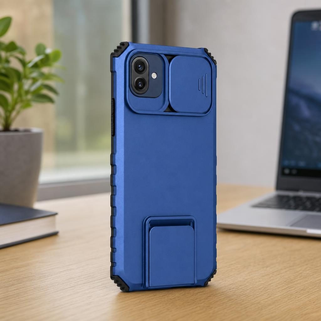 Husa Defender cu Stand pentru Samsung Galaxy A03, Albastru, Suport reglabil, Antisoc, Protectie glisanta pentru camera