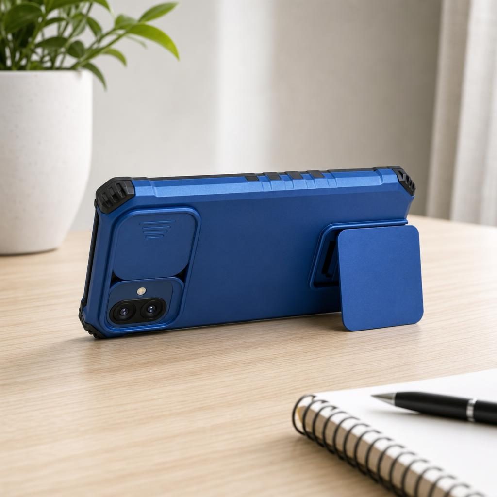 Husa Defender cu Stand pentru Samsung Galaxy A03, Albastru, Suport reglabil, Antisoc, Protectie glisanta pentru camera