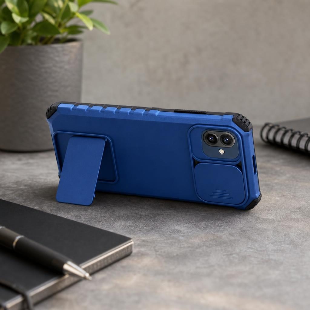 Husa Defender cu Stand pentru Samsung Galaxy A03, Albastru, Suport reglabil, Antisoc, Protectie glisanta pentru camera