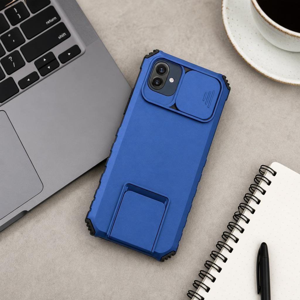 Husa Defender cu Stand pentru Samsung Galaxy A03, Albastru, Suport reglabil, Antisoc, Protectie glisanta pentru camera