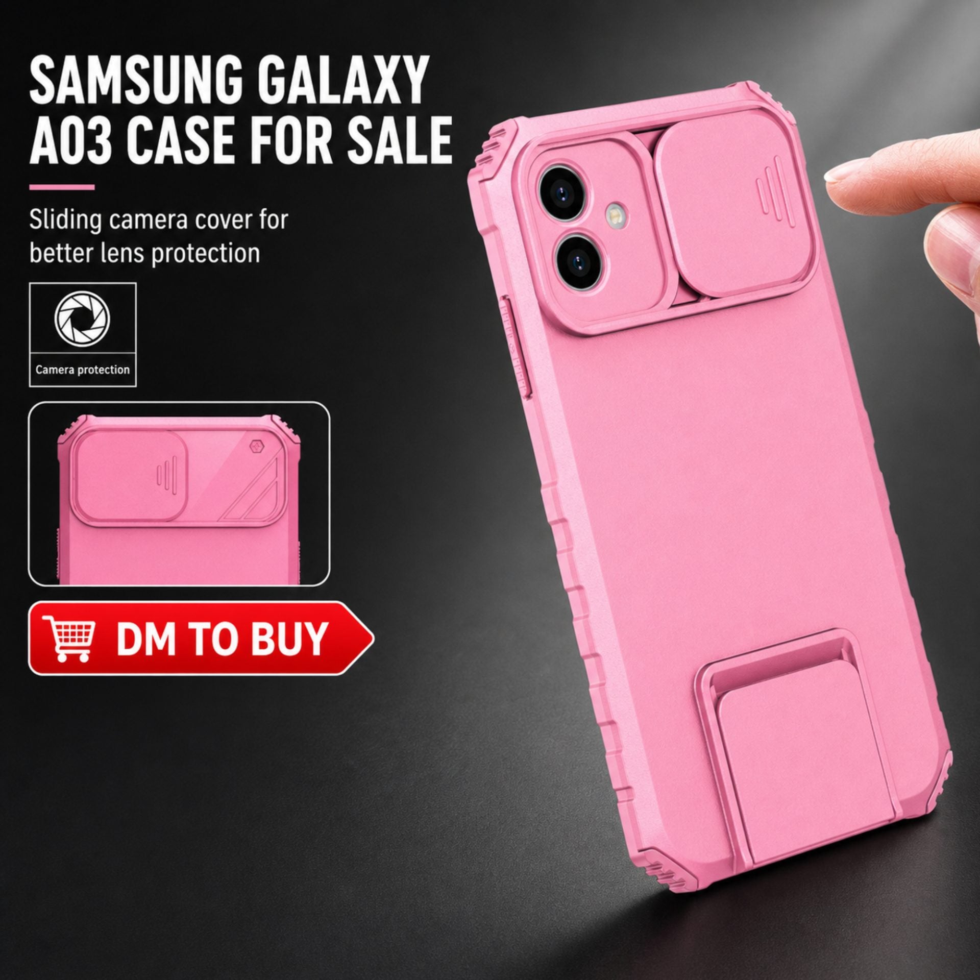 Husa Defender cu Stand pentru Samsung Galaxy A03, Roz, Suport reglabil, Antisoc, Protectie glisanta pentru camera