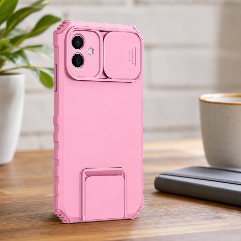 Husa Defender cu Stand pentru Samsung Galaxy A03, Roz, Suport reglabil, Antisoc, Protectie glisanta pentru camera